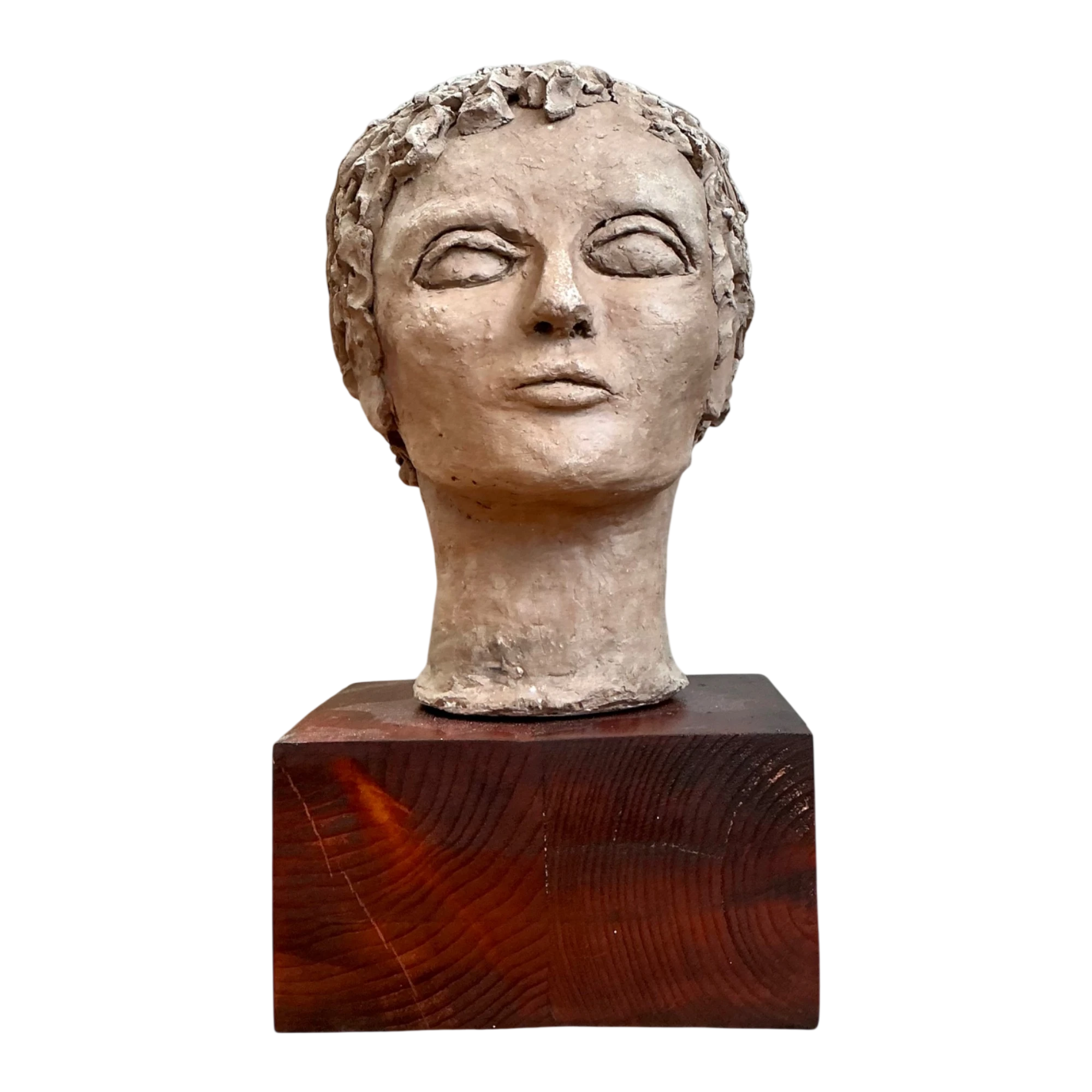 Vintage Plaster Head Sculpture on Wood Base - Plaster, 7W x 13.25H — additional photo 1