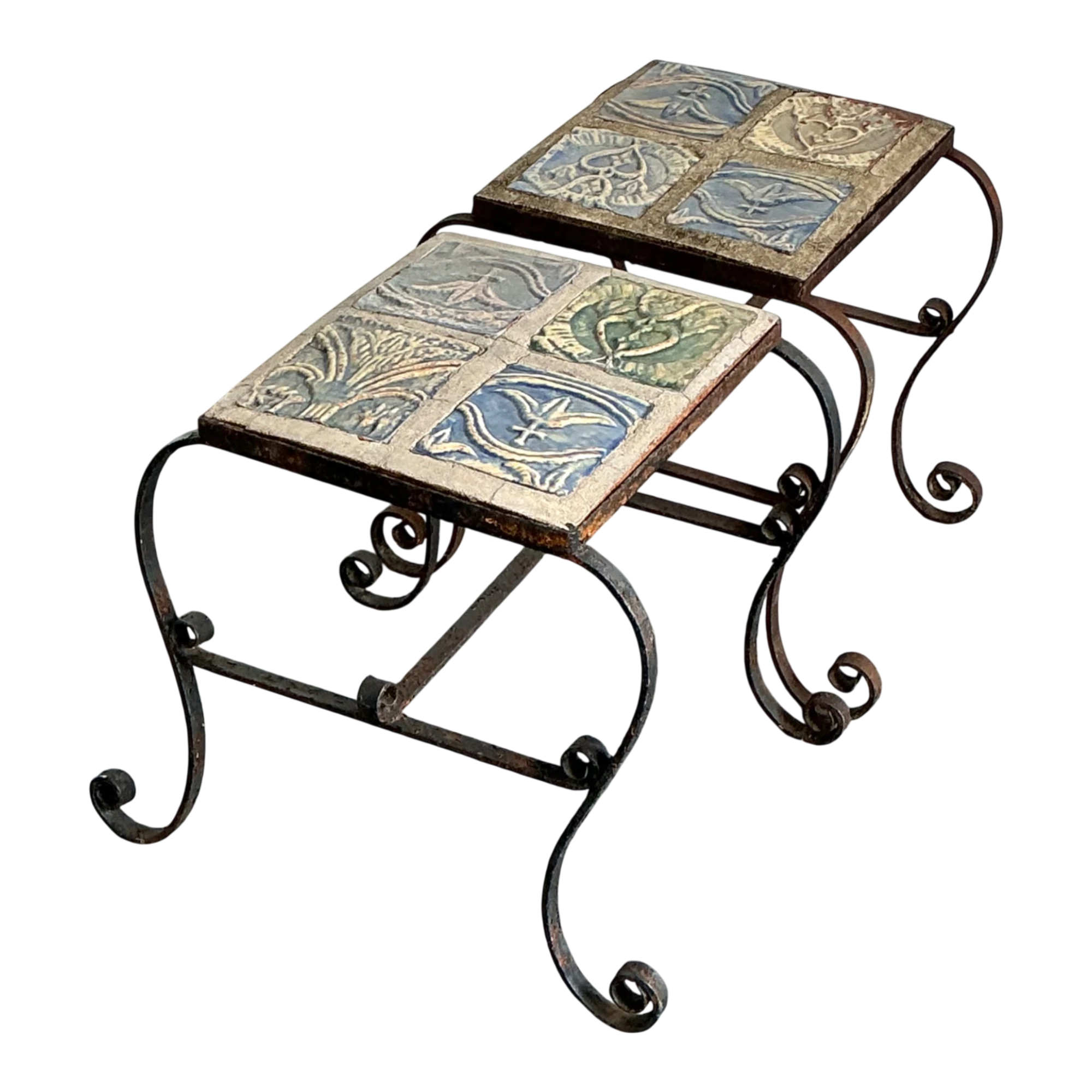 Vintage Italian Distressed Wrought Iron and Ceramic Tile Tables — additional photo 1