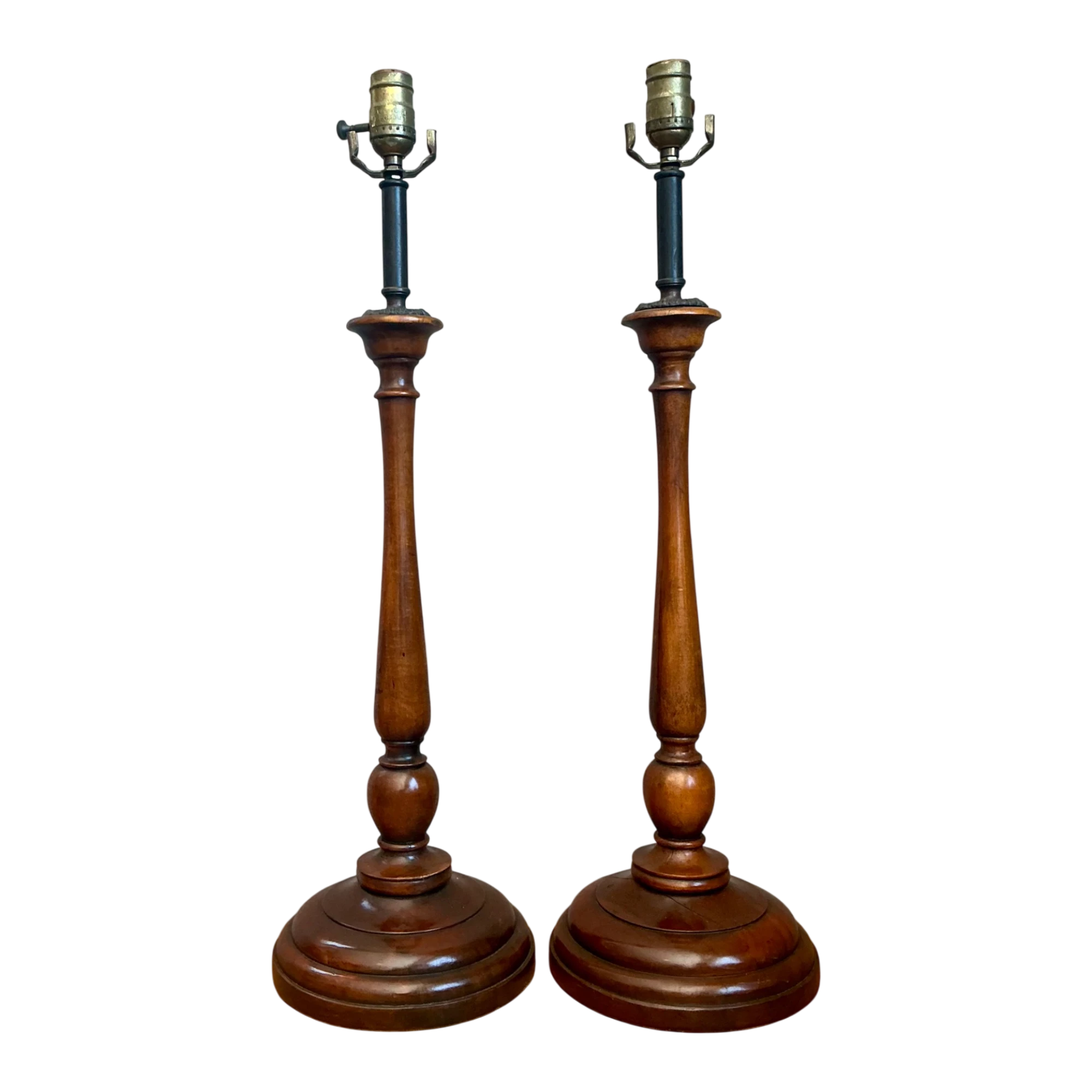 Vintage Theodore Alexander Turned Wood Candlestick Table Lamps - A Pair — additional photo 1