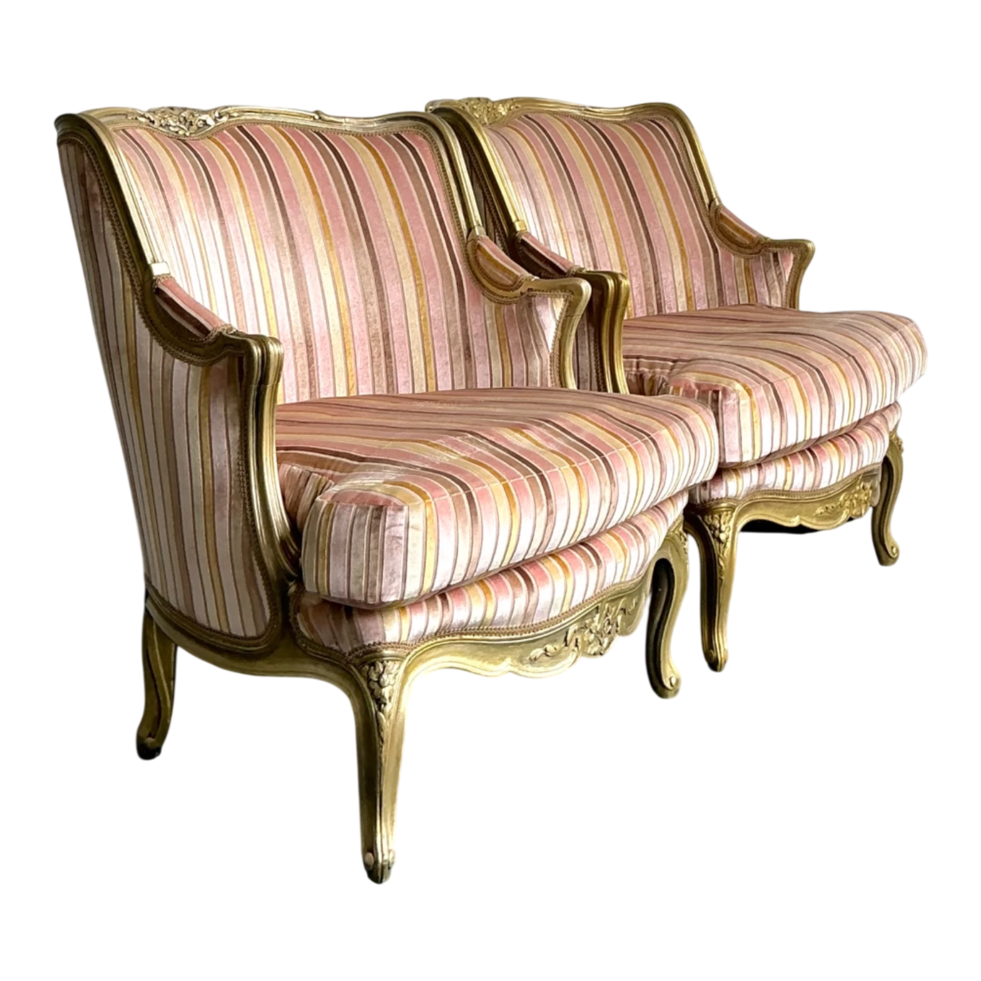 Vintage French Giltwood Striped Devore Bergère Chairs - A Pair — additional photo 1