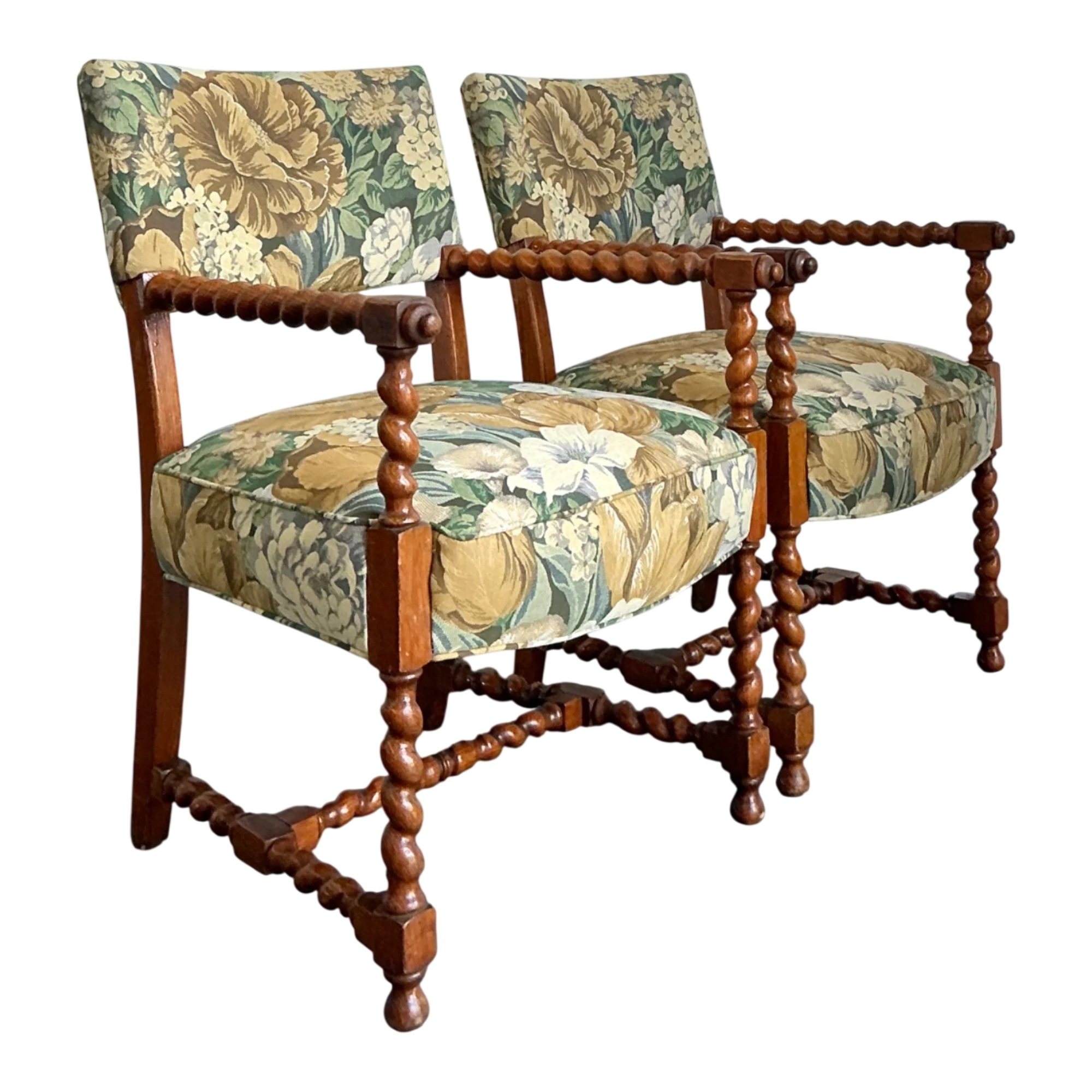 Vintage Twisted Wood Dorothy Draper Upholstered Barley Twist Armchairs — additional photo 1
