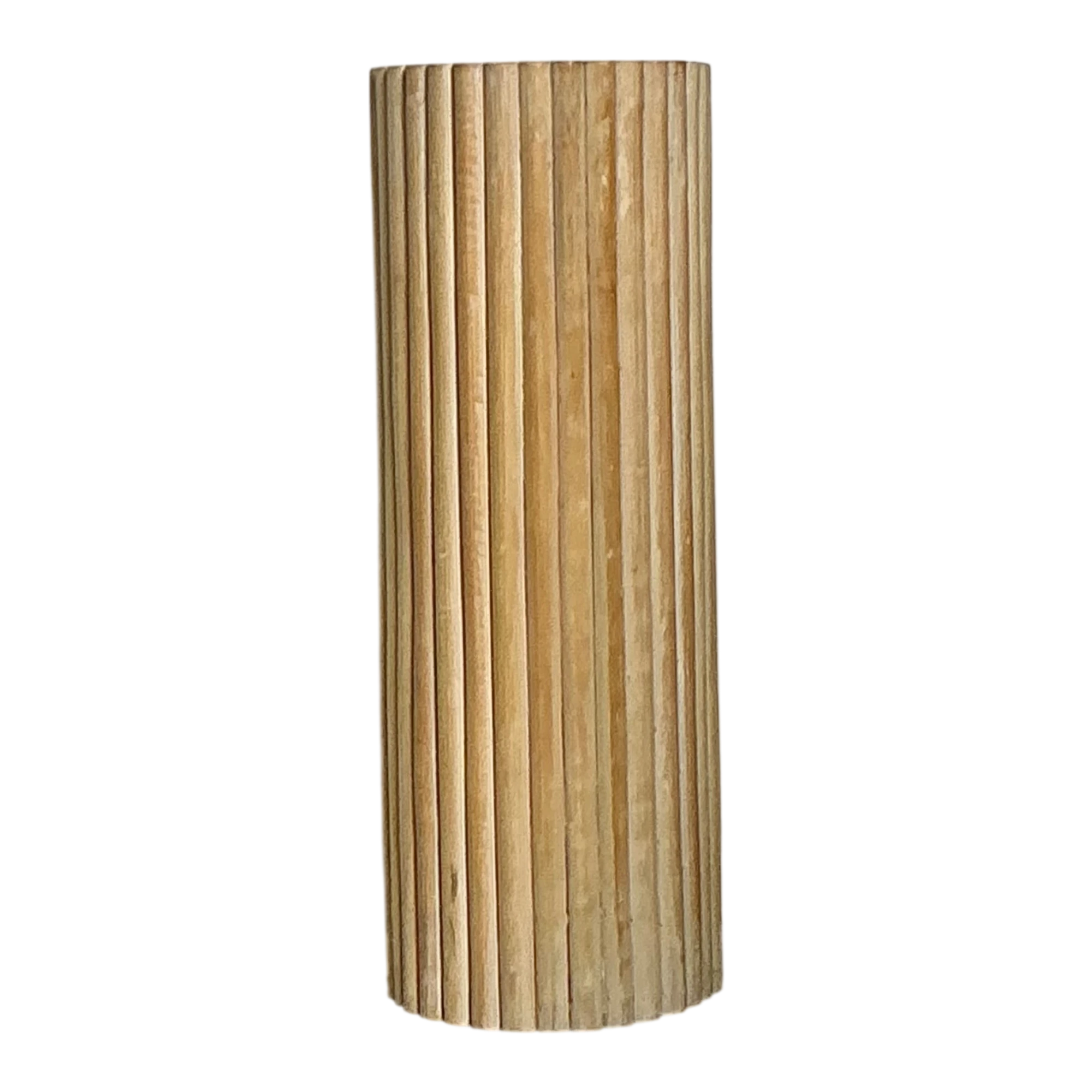 Vintage Ribbed Wood And Rattan Small Pedestal
