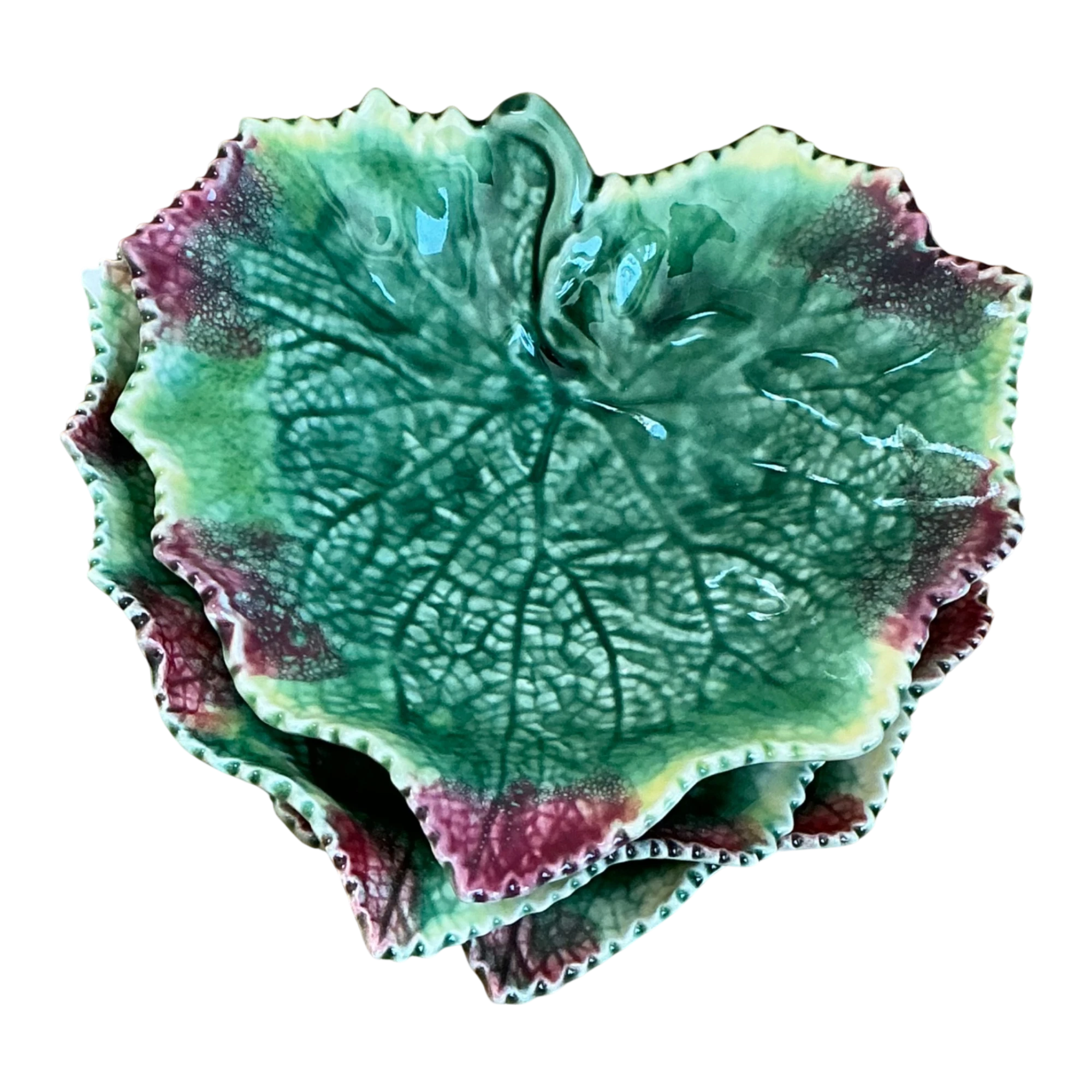 Vintage Bordallo Pinheiro Green Majolica Leaf Plates Trio