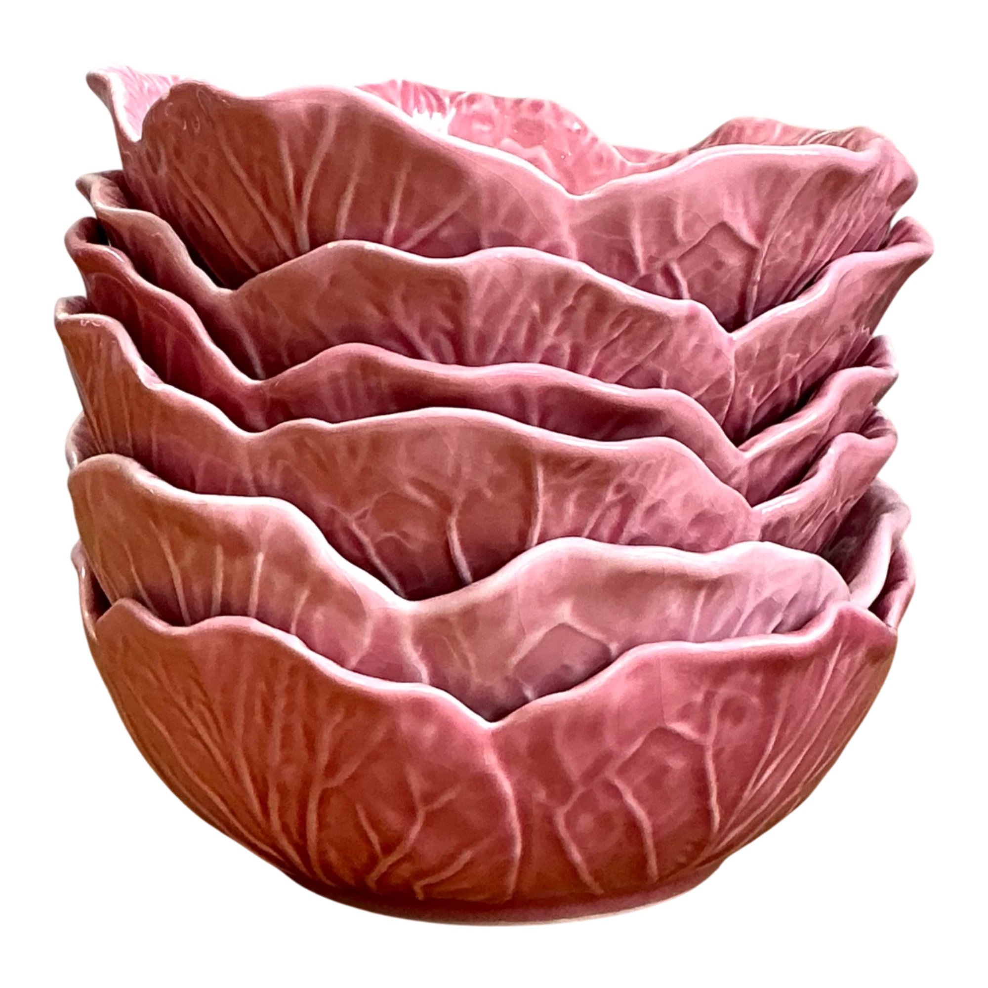 Vintage Bordallo Pinheiro Pink Cabbage Leaf Ceramic Bowls - Set of 6