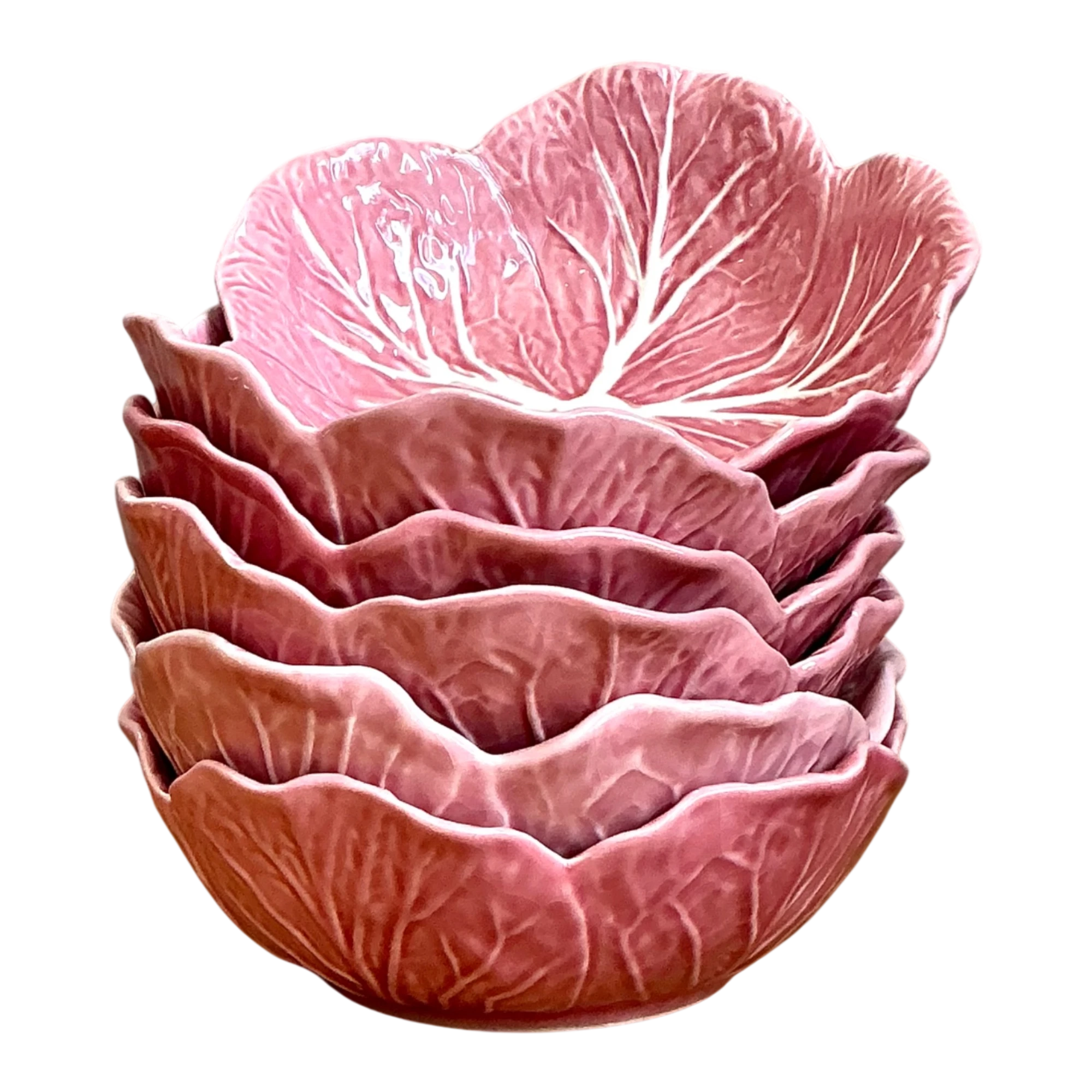 Vintage Bordallo Pinheiro Pink Cabbage Leaf Ceramic Bowls - Set of 6 - Ceramic, 6.75W x 2.5H — additional photo 1