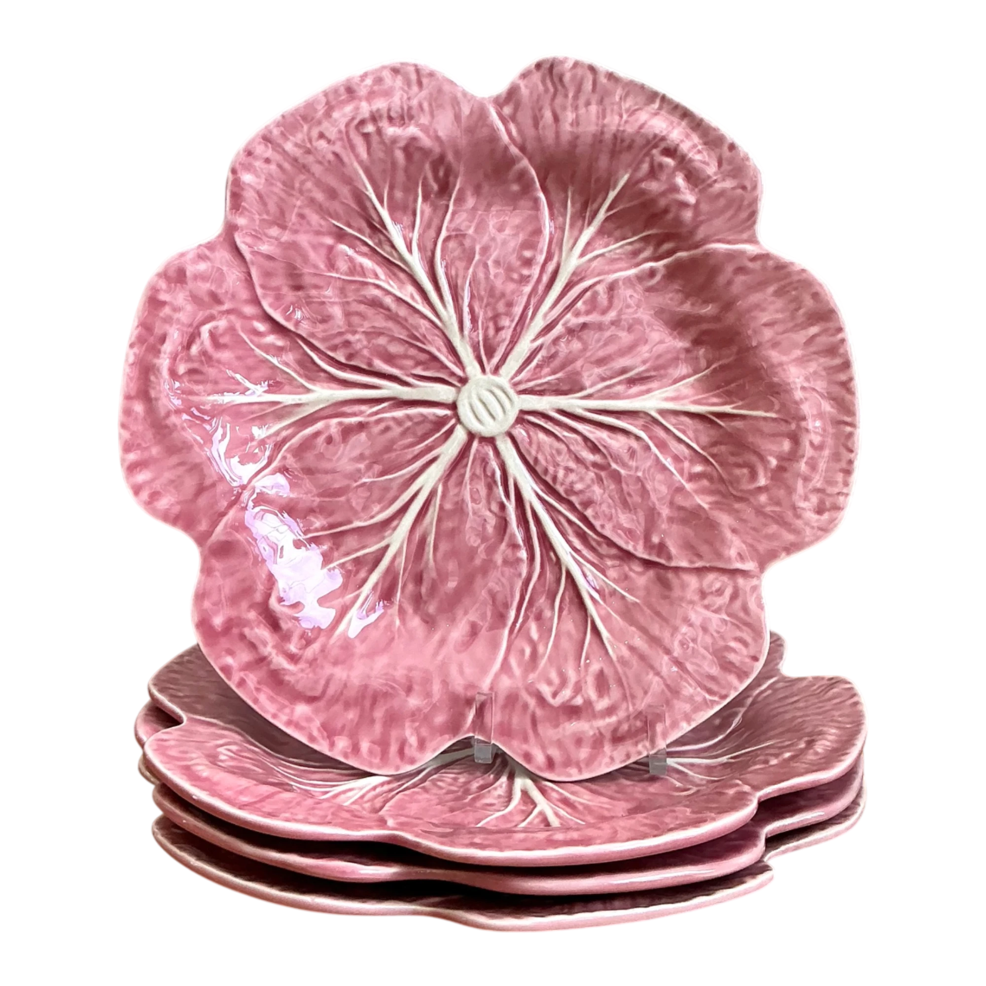 Vintage Bordallo Pinheiro Pink Cabbage Leaf Plates - Set of 4 - Detail view
