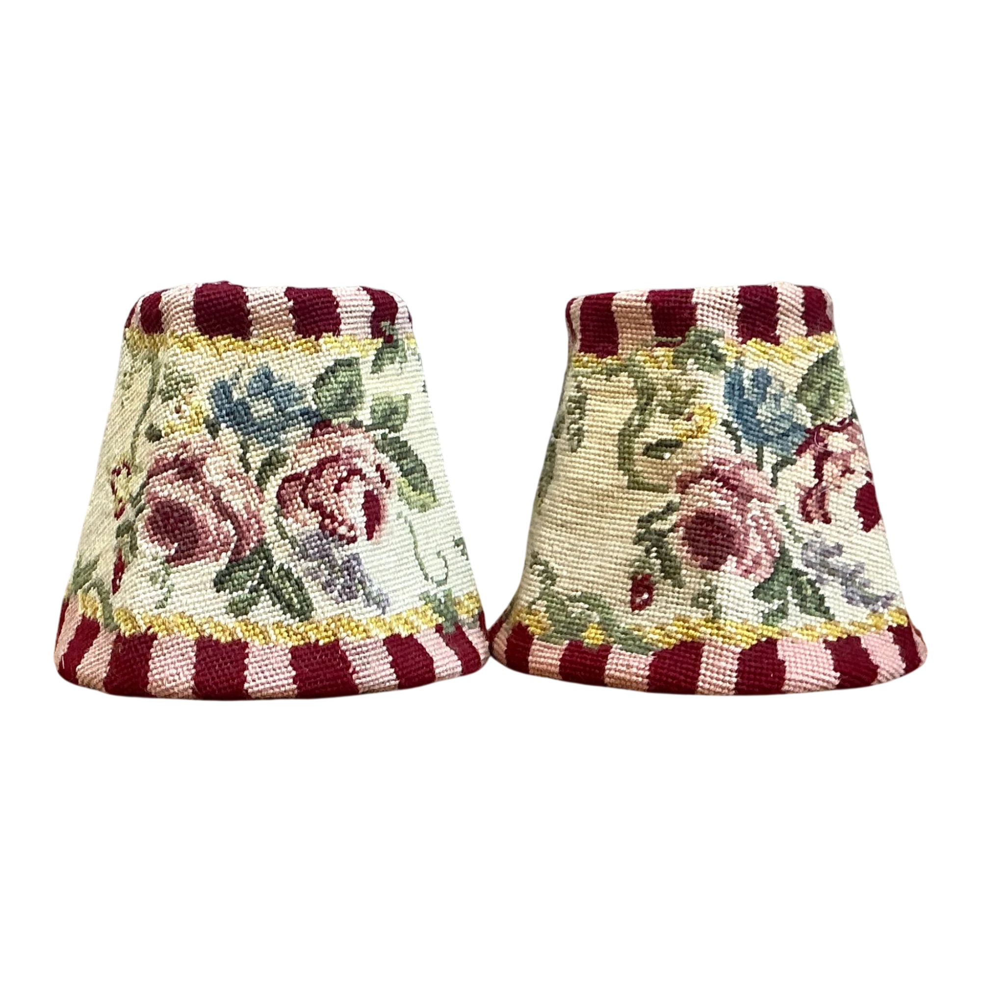 Vintage Needlepoint Floral Lamp Shades Pair