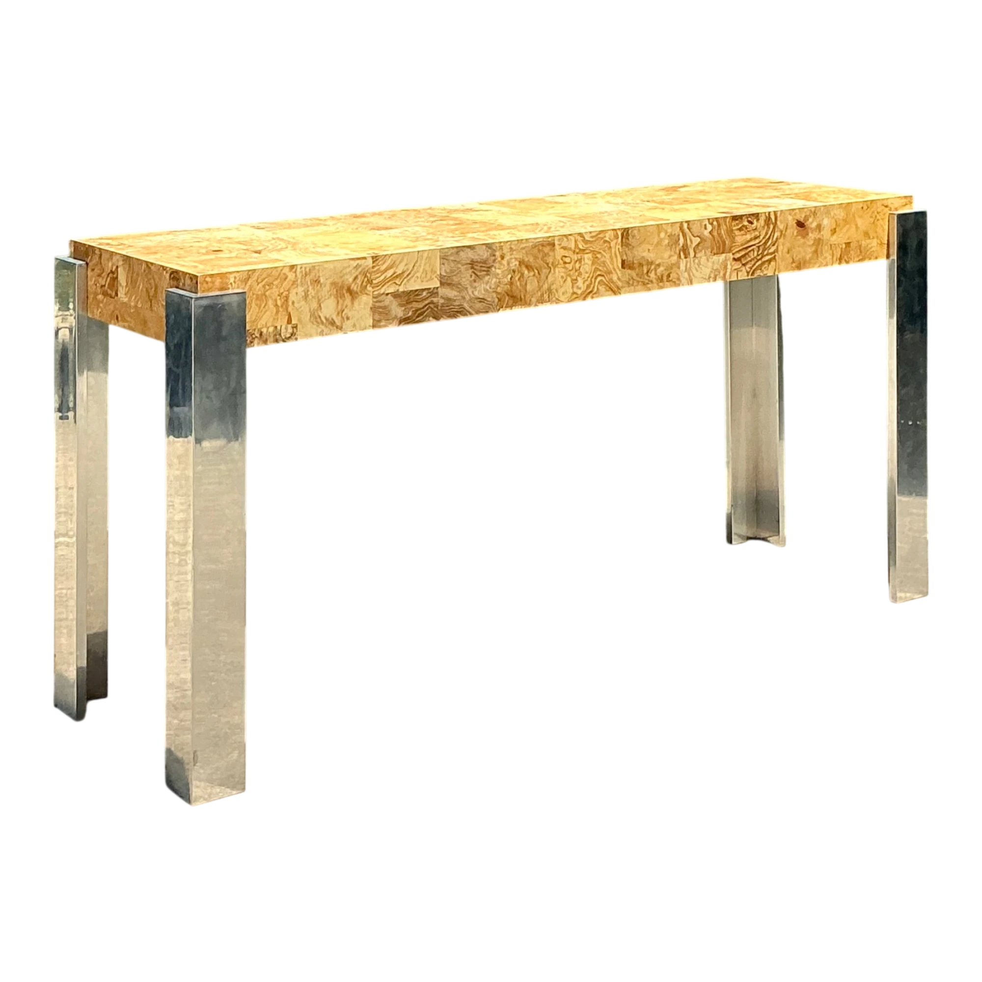 Vintage Laminate Burl Wood and Chrome Console Table - Detail view