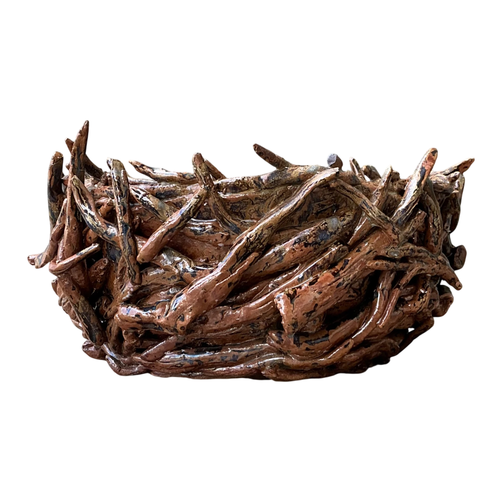 Vintage Rustic Brown Ceramic Twig Bowl — additional photo 1
