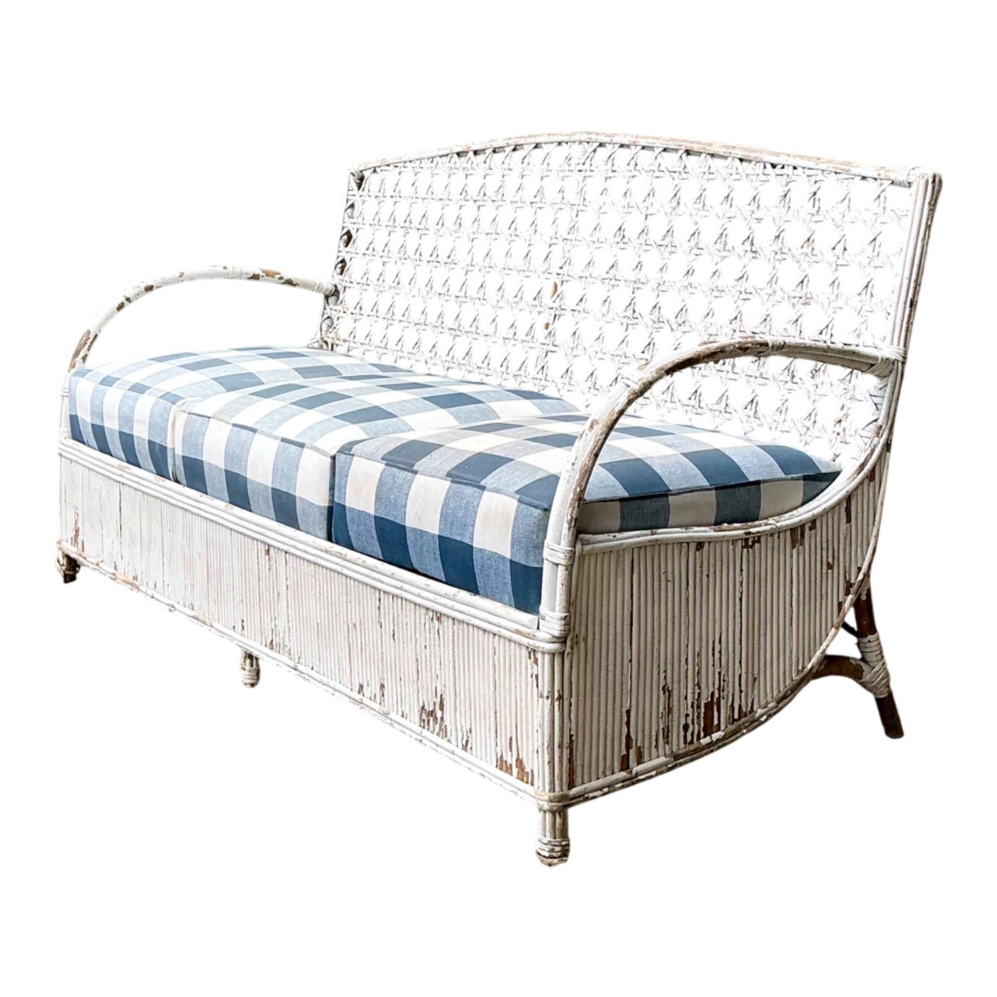 Vintage Distressed White Rattan and Checkered Sofa — additional photo 1