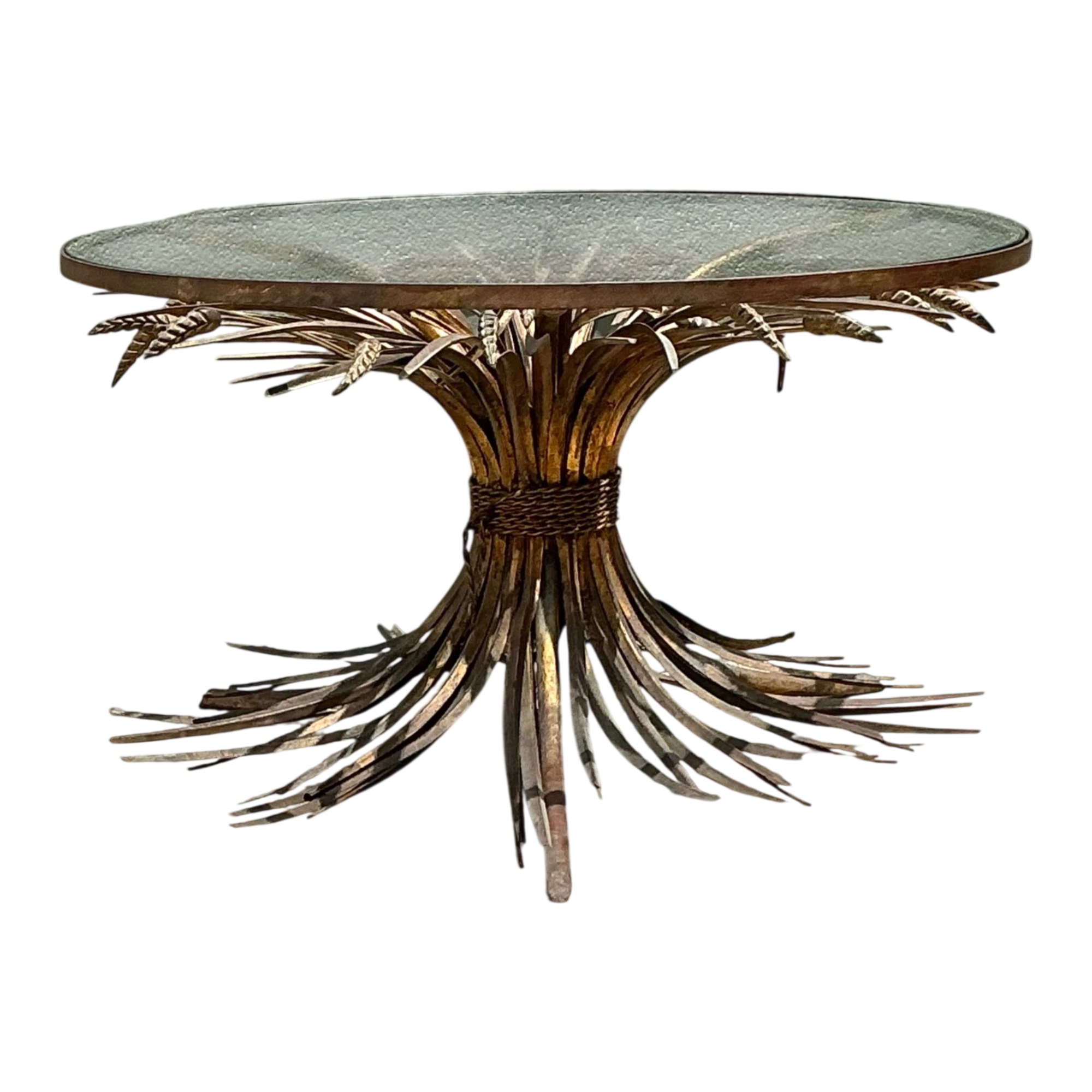 Vintage Distressed Gilt Metal and Glass Wheat Sheaf Table — additional photo 1