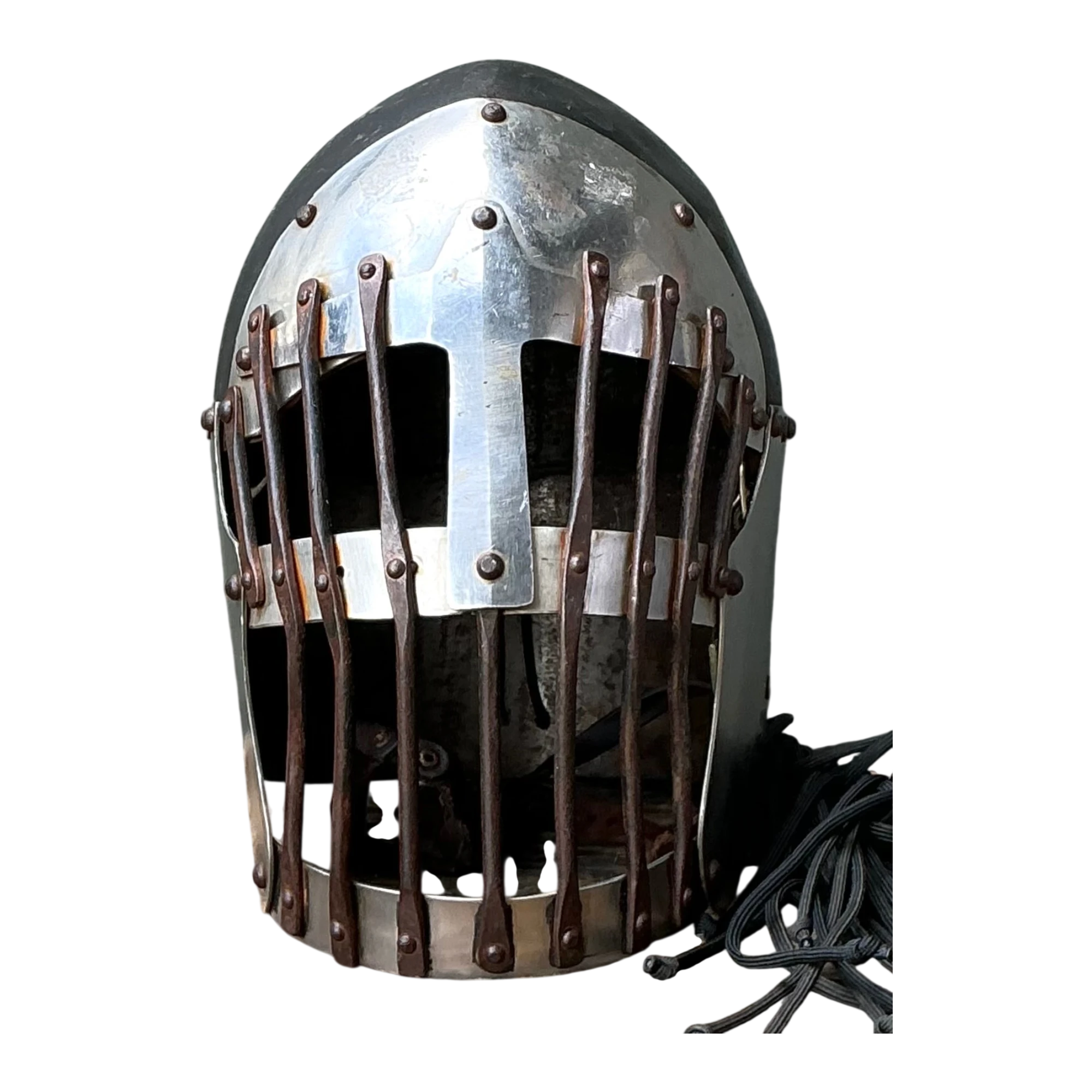 Vintage Gothic Metal Helmet With Leather Detail - Detail view
