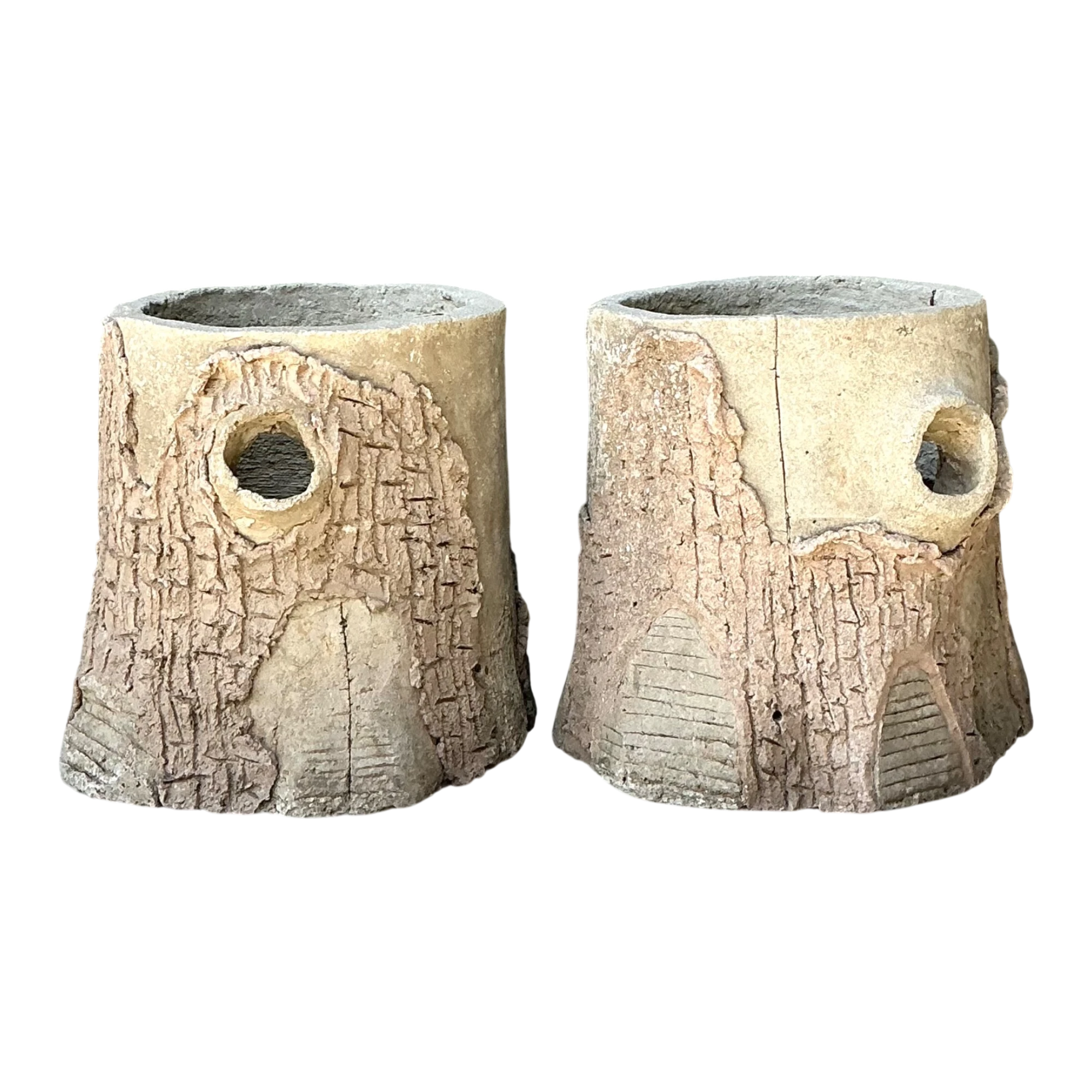 Handcrafted Faux Bois Cement  Planters - A Pair