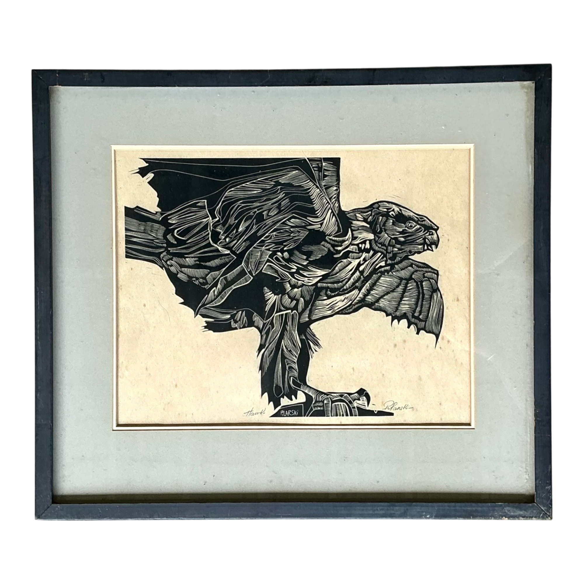 Vintage Framed Hawk Woodcut Art — additional photo 1