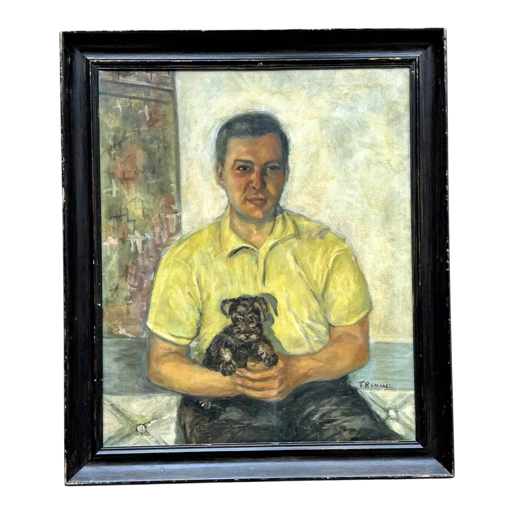 Vintage Figurative Man and Dog Oil Painting — additional photo 1