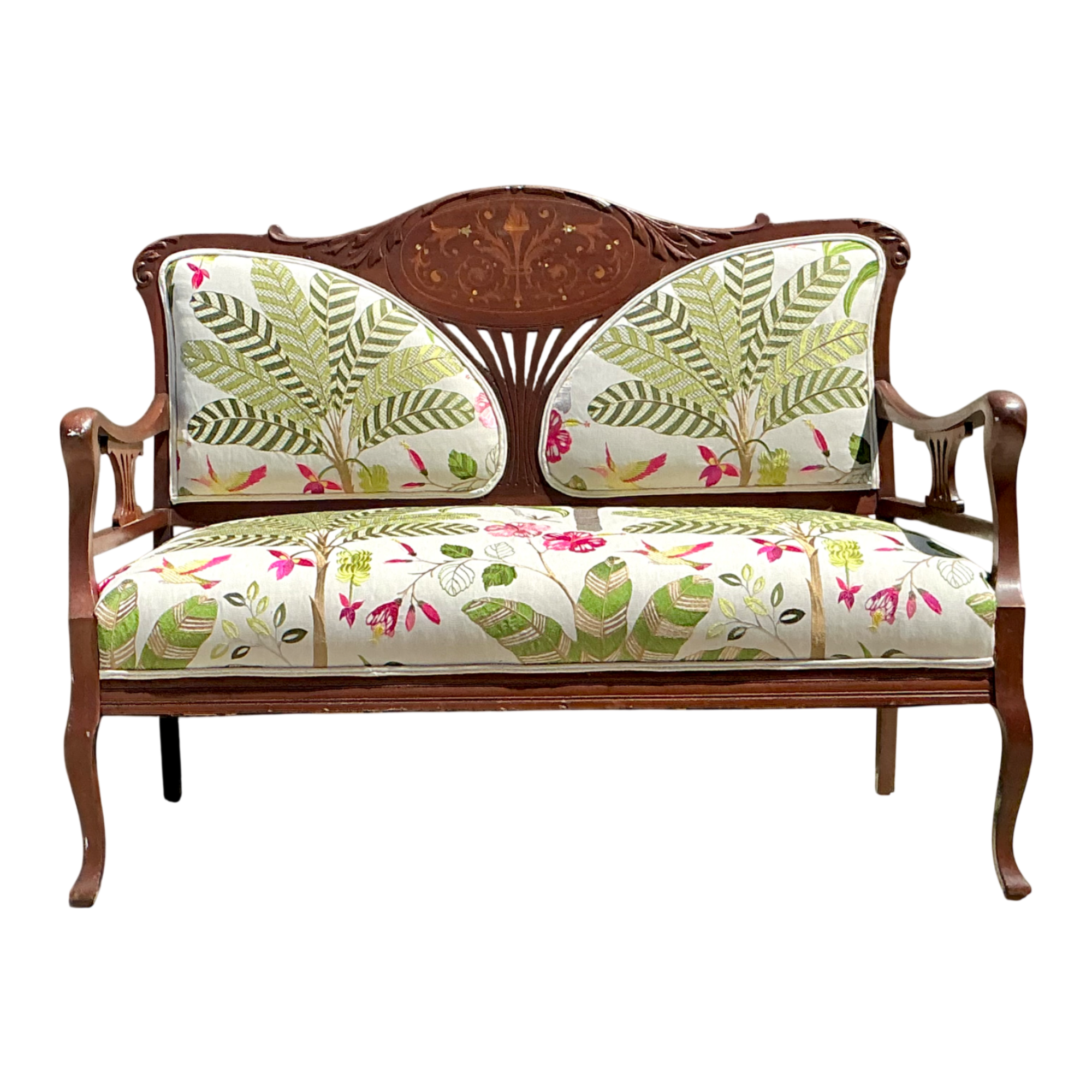 Vintage Carved Wood Settee with Embroidered Botanical Upholstery