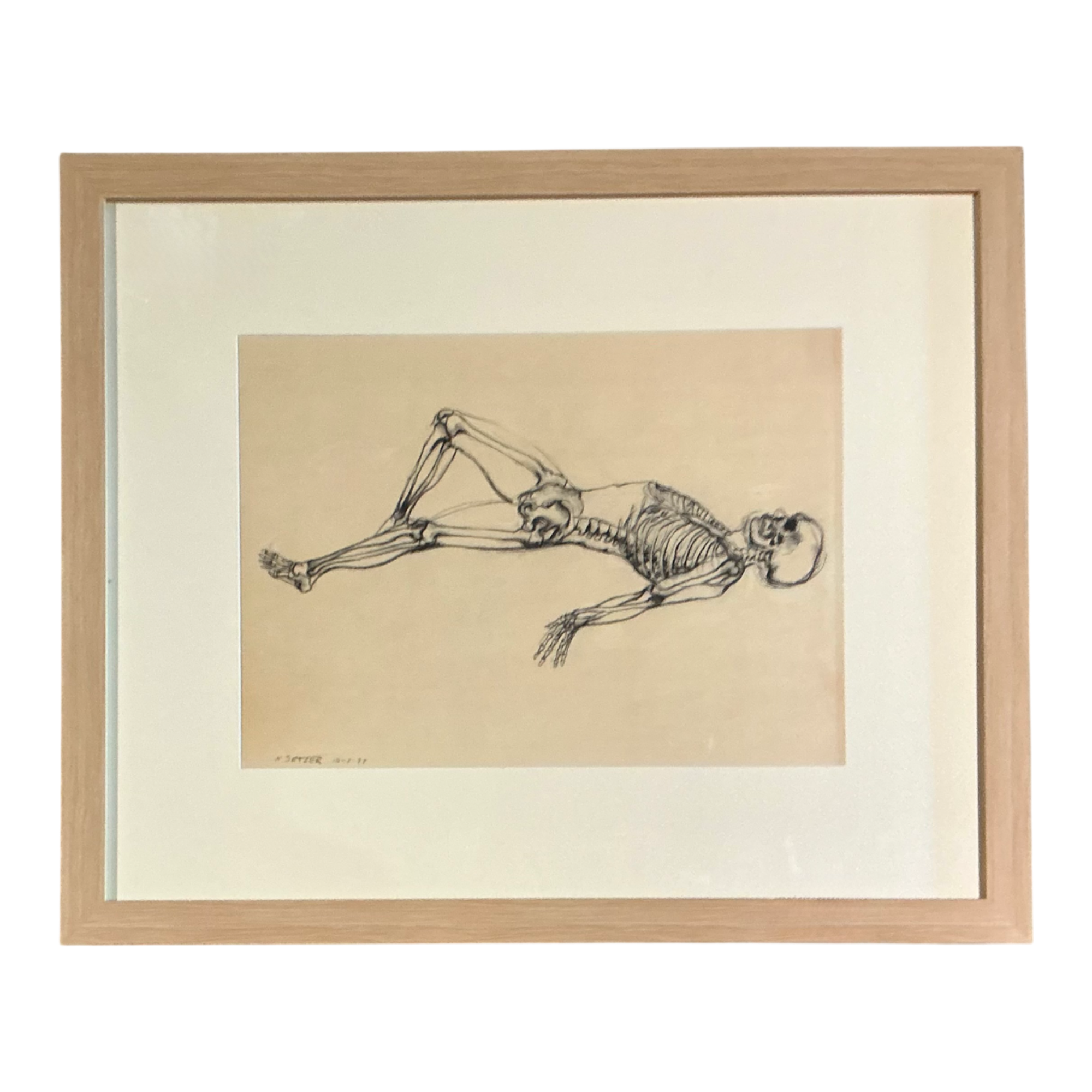 Vintage Framed Reclining Skeleton Study on Paper