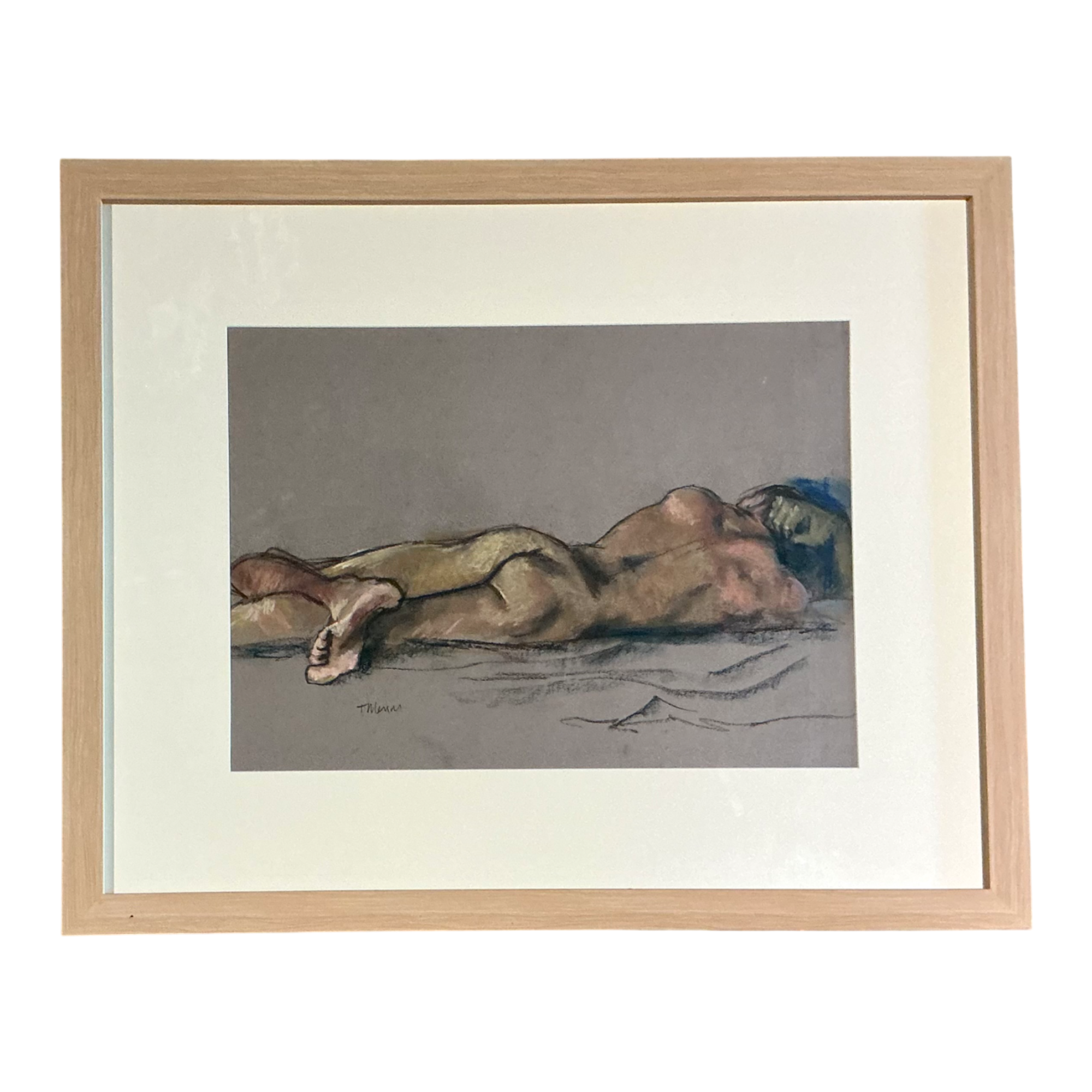 Vintage Framed Reclining Nude Pastel Drawing