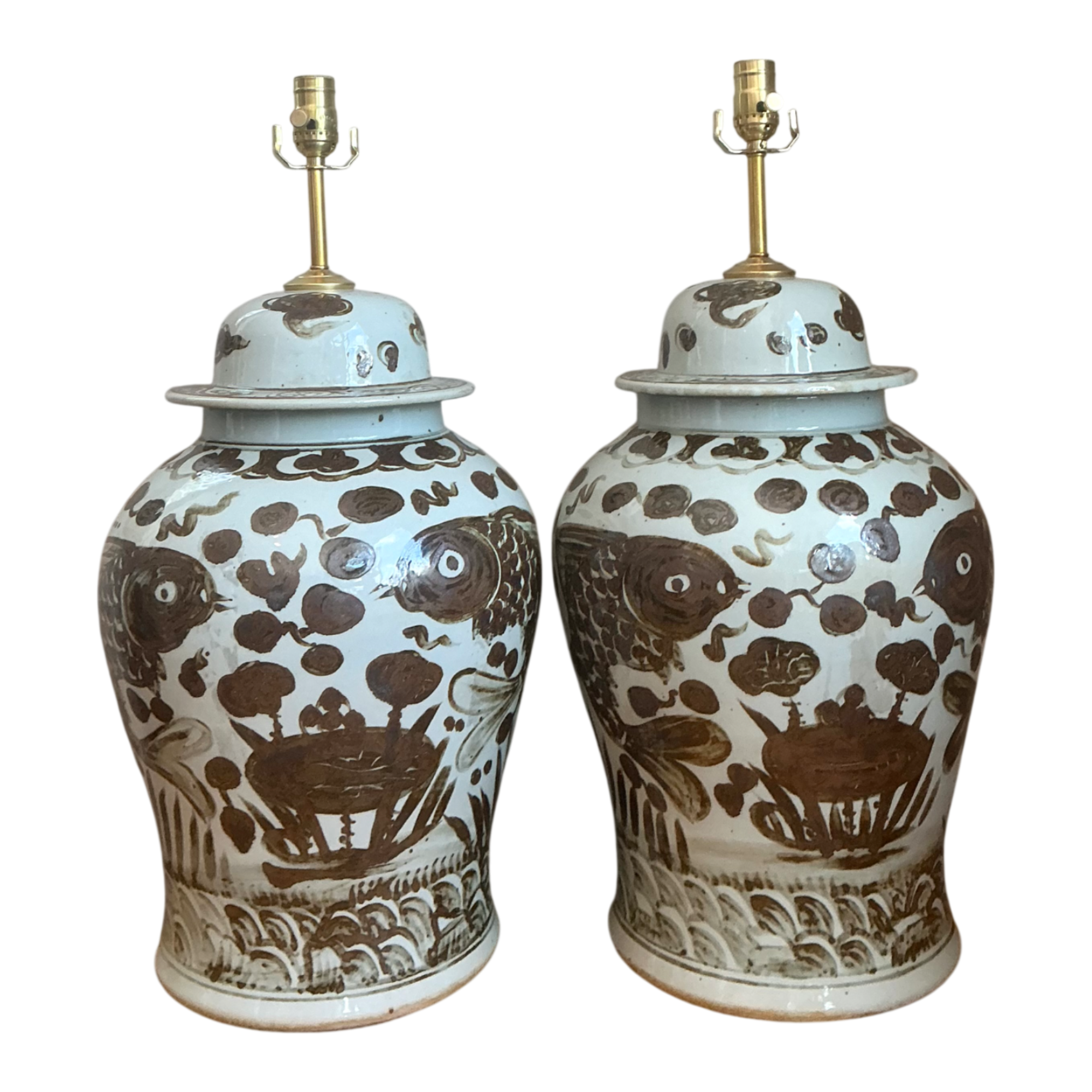 Vintage Hand-Painted Ceramic Ginger Jar Lamps - Pair