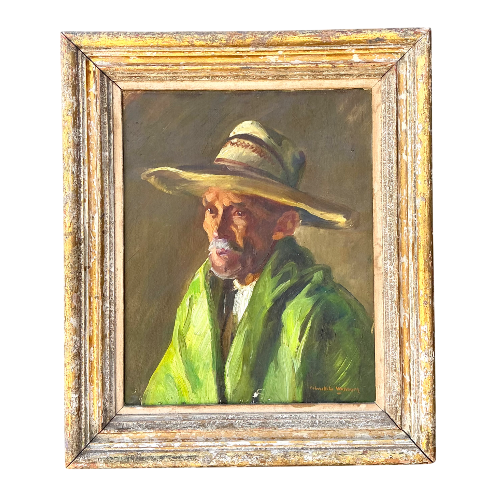 Vintage Framed Oil Painting of Man in Hat — additional photo 1