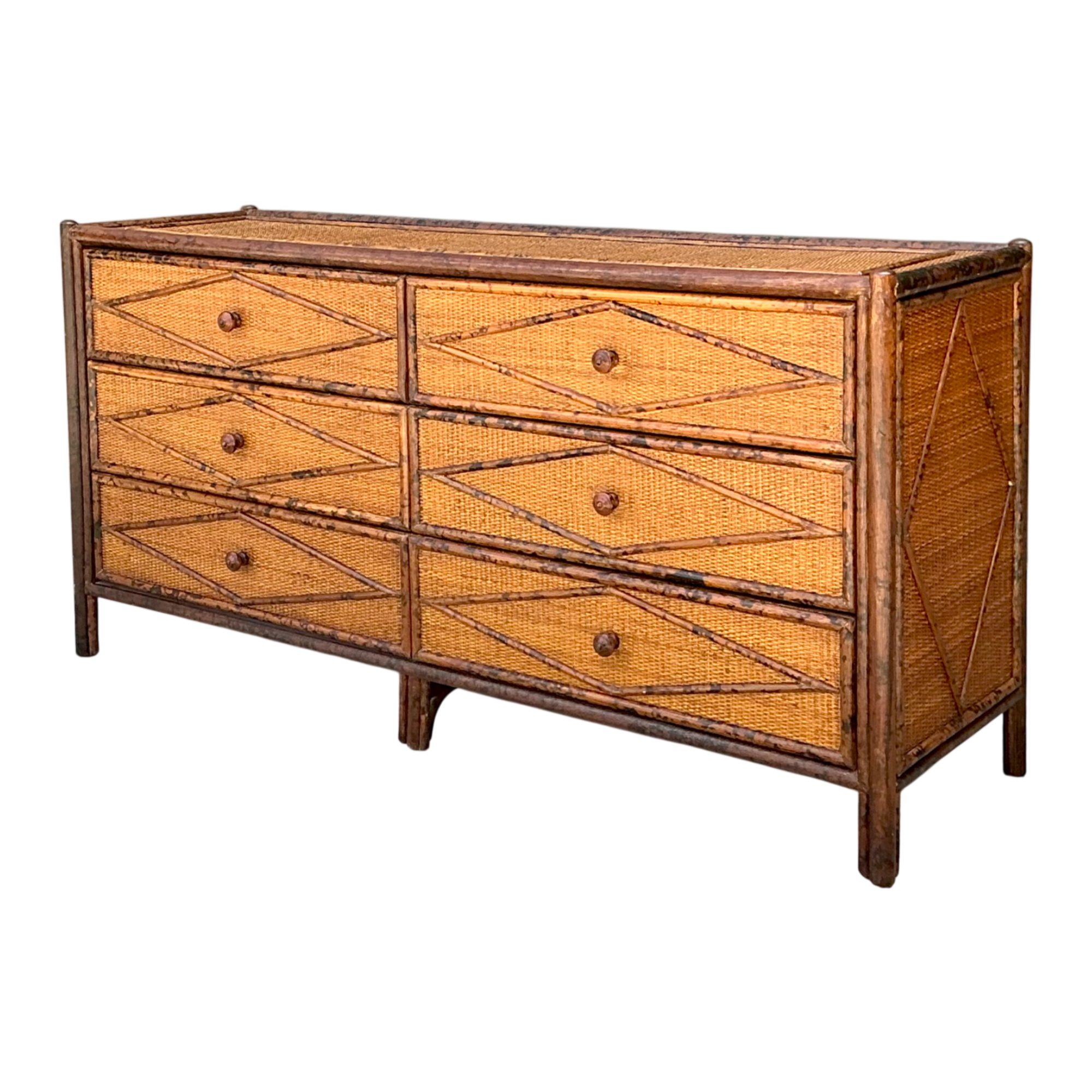 Vintage Diamond Rattan and Wood Six-Drawer Dresser — additional photo 1