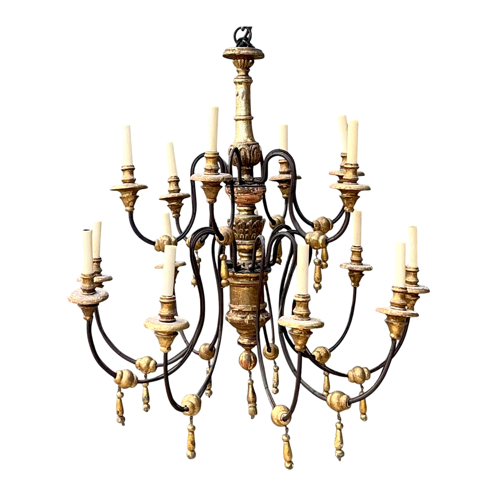 Vintage Gilt Wood and Metal Twelve-Light Chandelier — additional photo 1