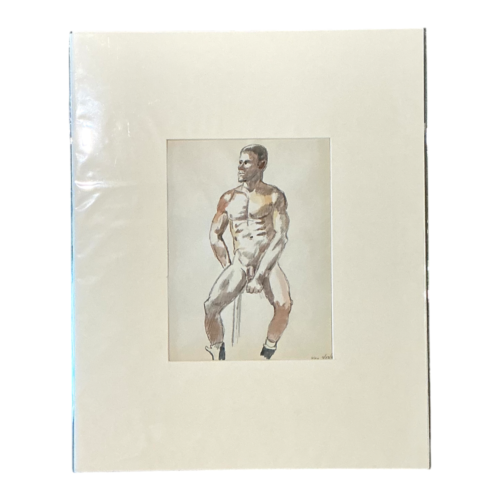 Vintage Original Figurative Watercolor In Mat