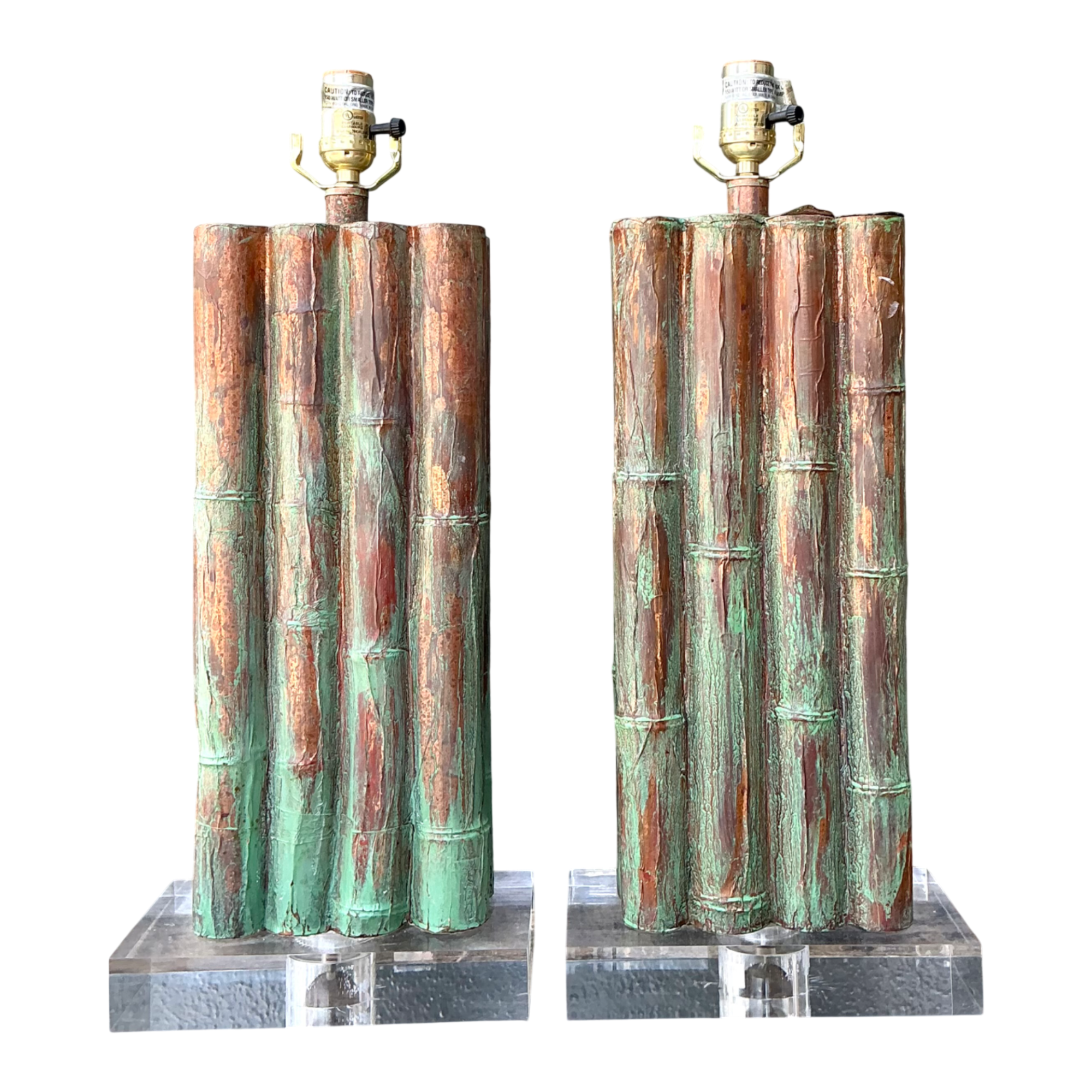 Vintage Faux Bamboo Lamps On Lucite Plinth - A Pair