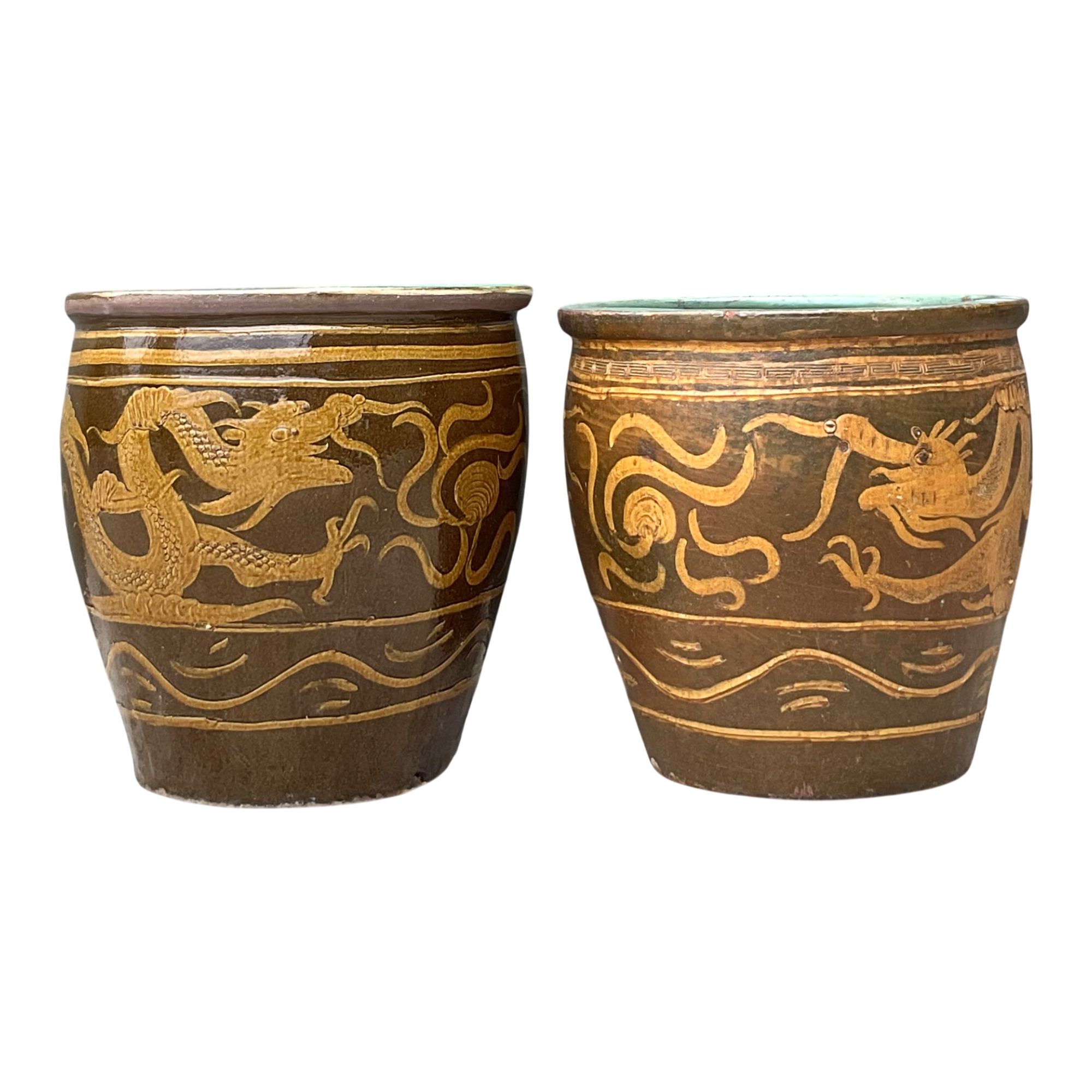 Vintage Chinese Dragon Motif Ceramic Planters - Pair