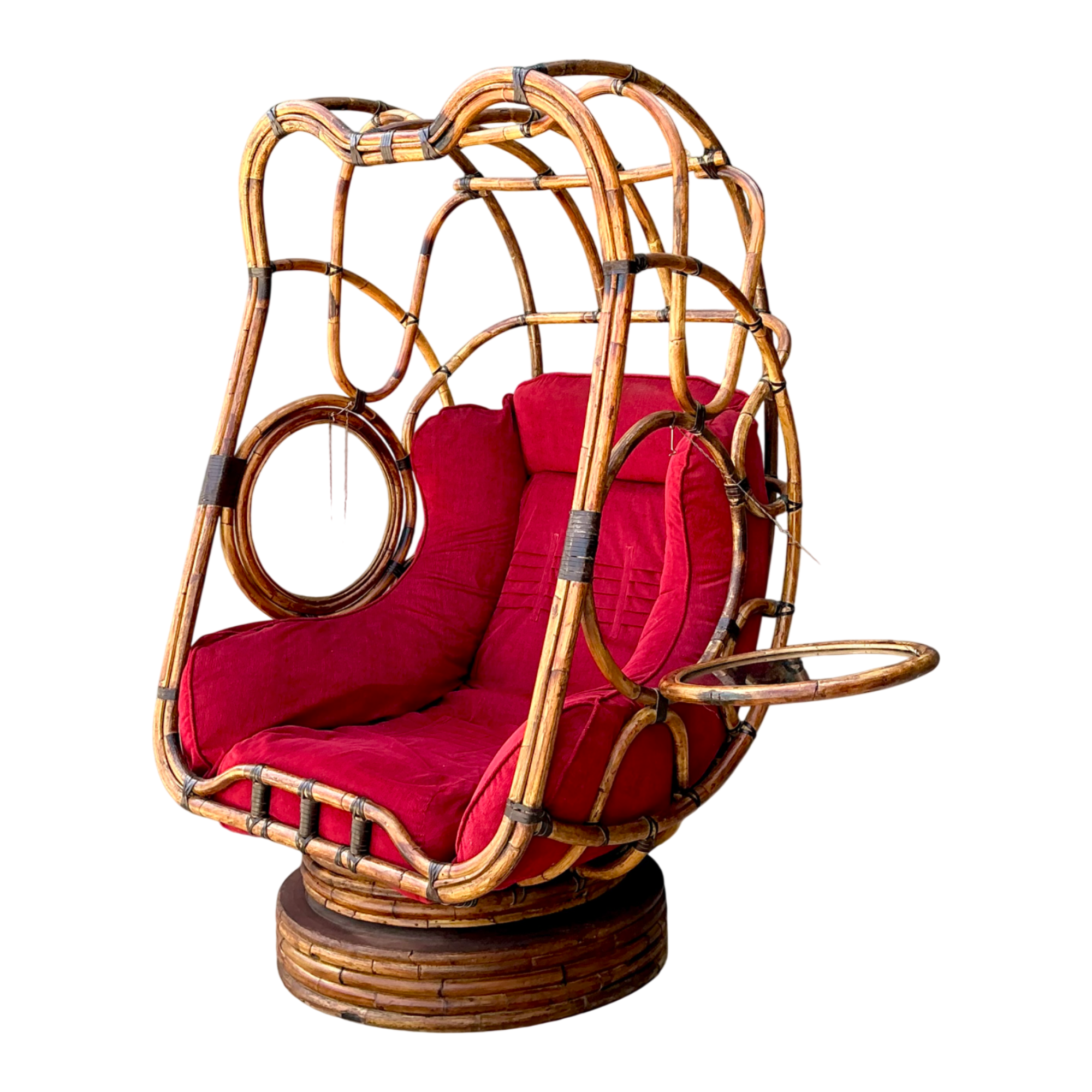 Vintage Bent Rattan Swivel Lounge Chair With Flip Down Side Tables