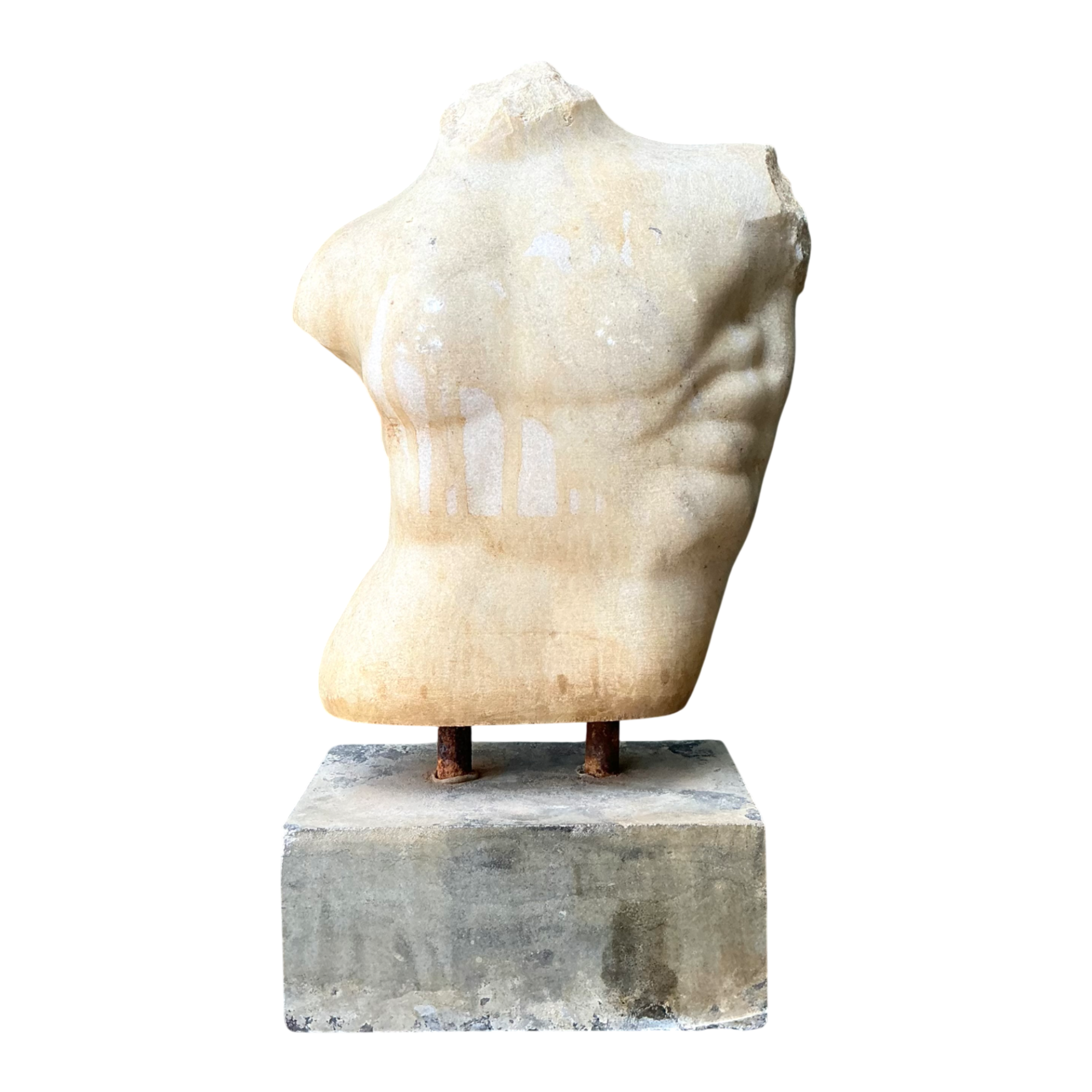 Vintage Stone Torso Sculpture on Cement Base