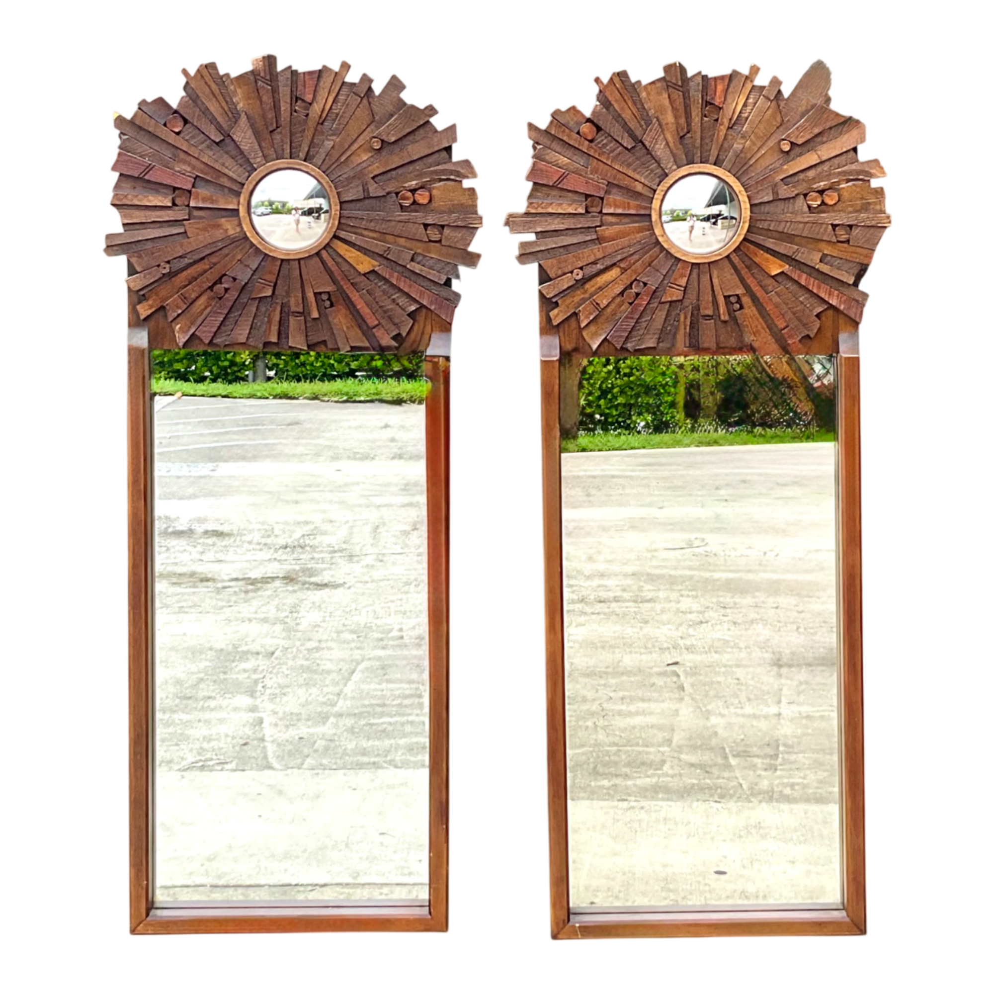 Vintage Brutalist Wood Sunburst Mirrors - A Pair