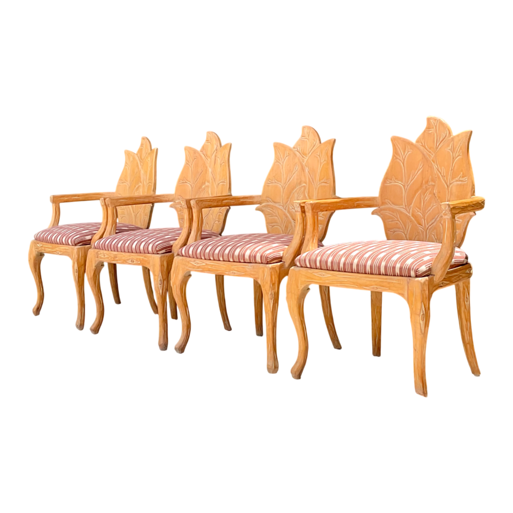 Vintage Carved Wood Leaf Back Chairs - Set of 4