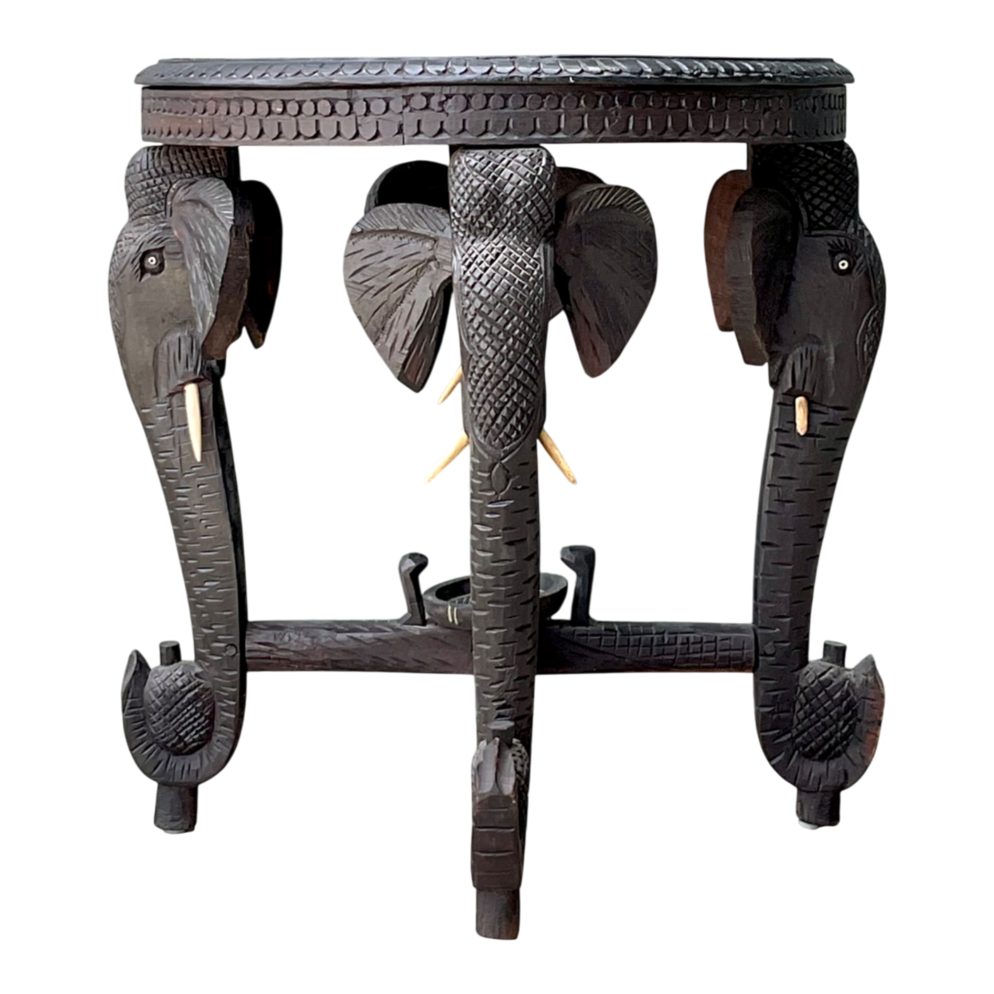 Vintage Carved Wood Elephant Inlay Side Table