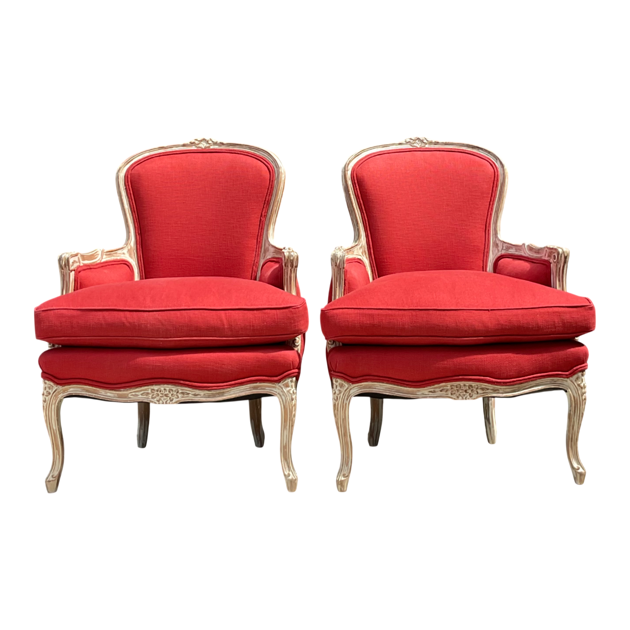 Vintage Carved Wood Upholstered Bergere Chairs - A Pair