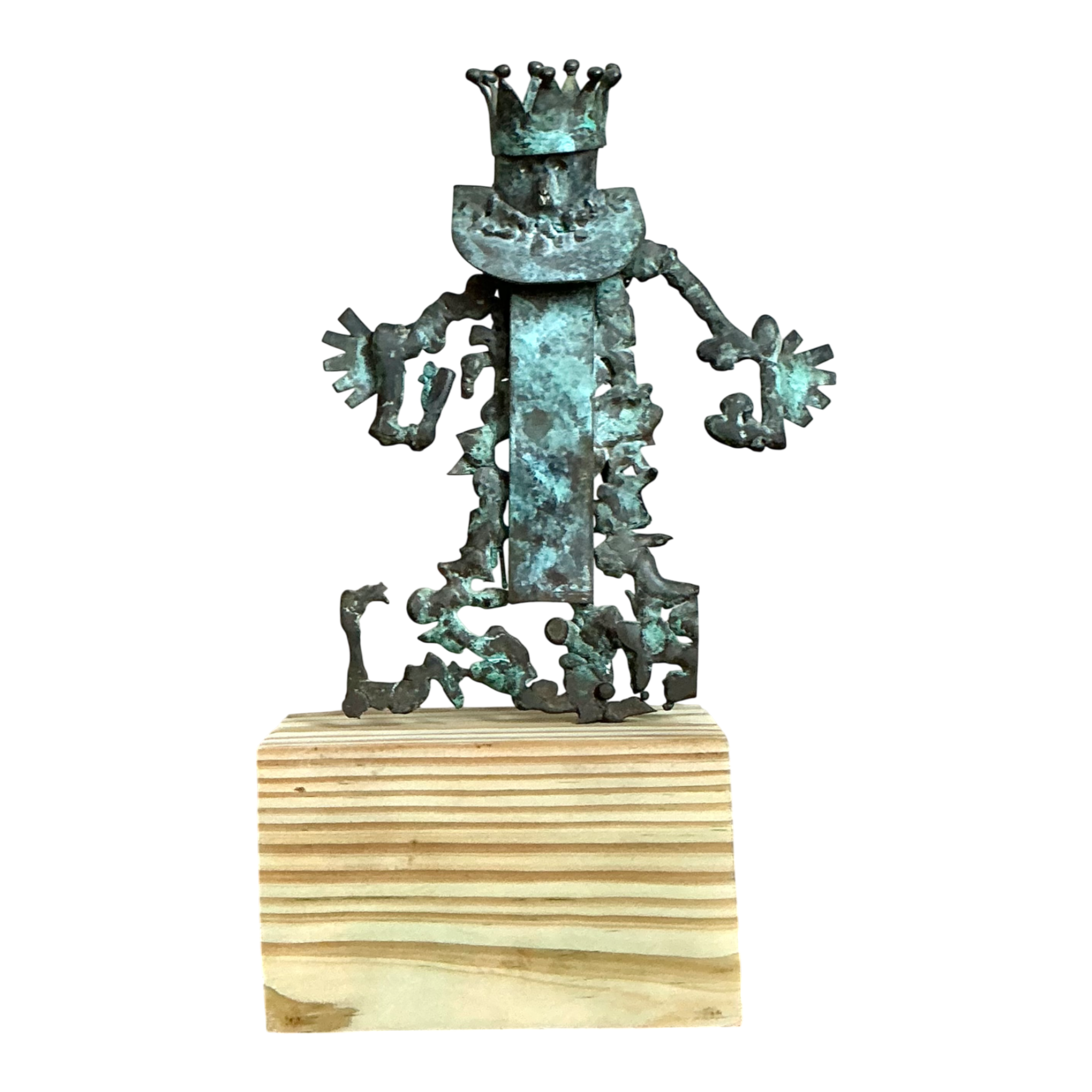 Vintage Patinated Metal Sculpture on Wood Base - Detail view