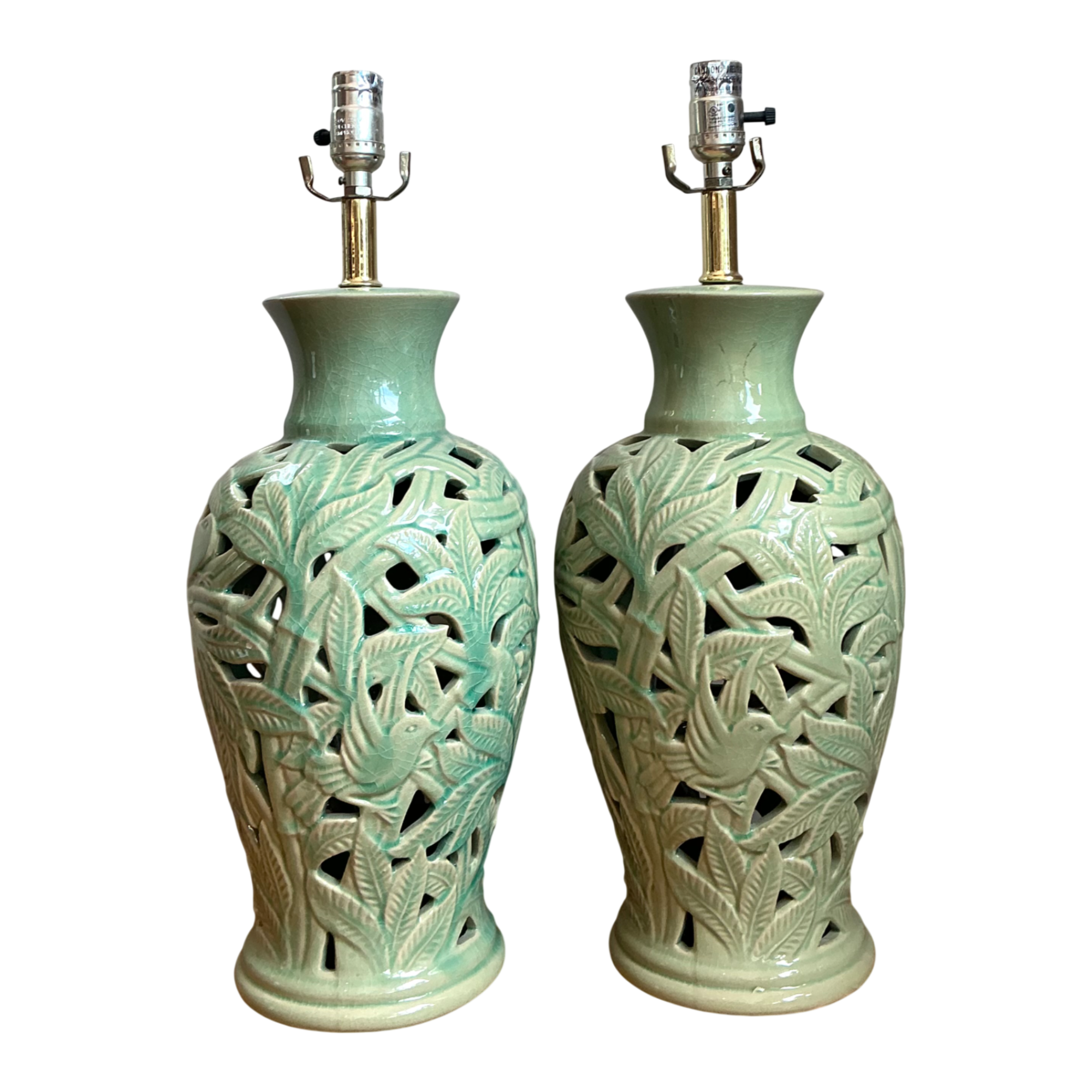 Vintage Celadon Pierced Ceramic Lamps — additional photo 1