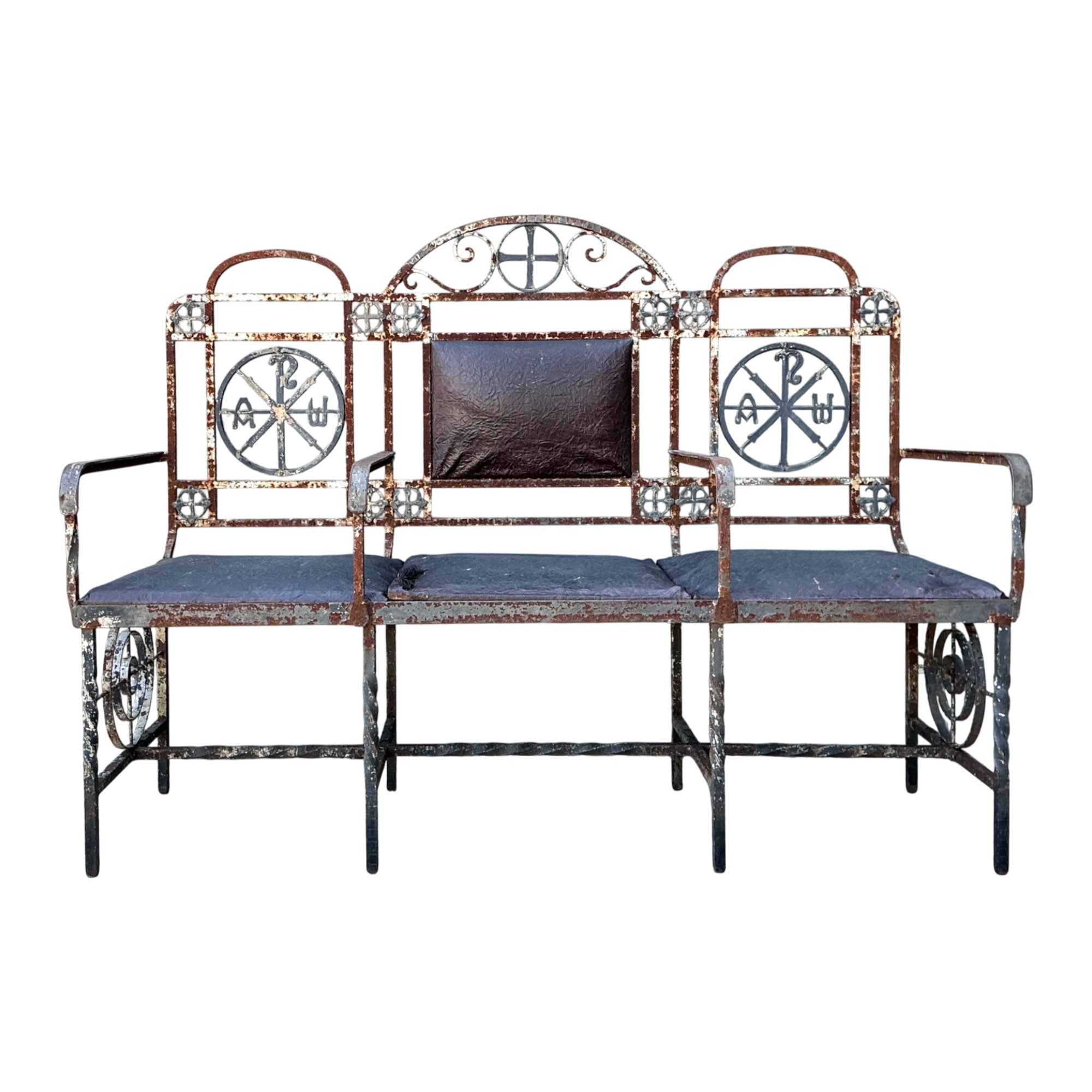 Vintage Distressed Metal and Upholstery Bench — additional photo 1