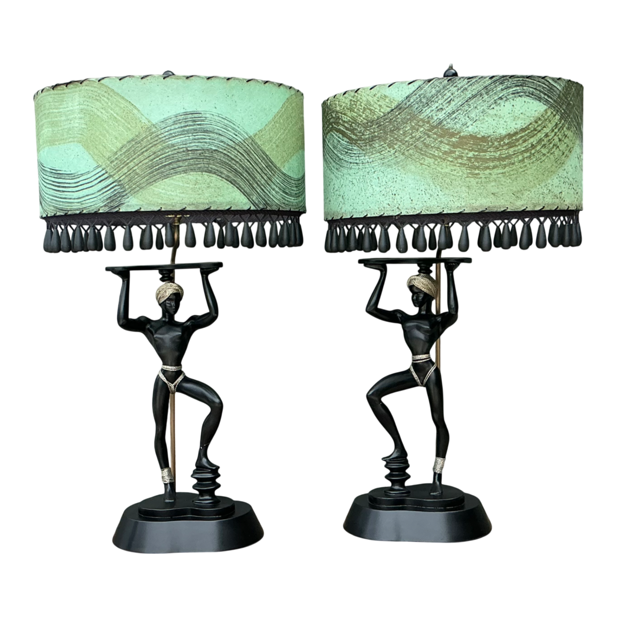 Vintage MCM Figurative Table Lamps with Green Shades - A Pair — additional photo 1