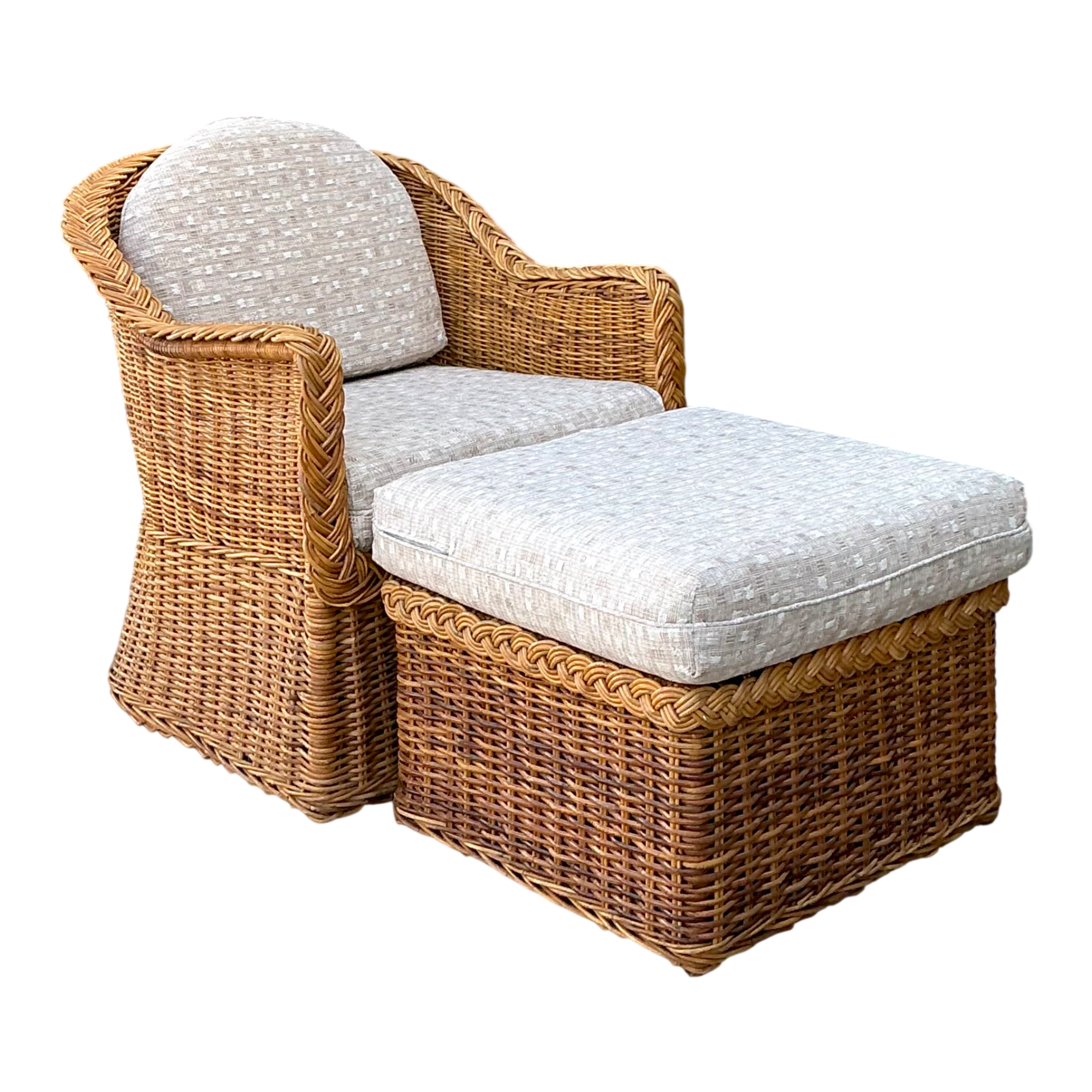 Vintage Braided Rattan Lounge Chair and Ottoman — additional photo 1