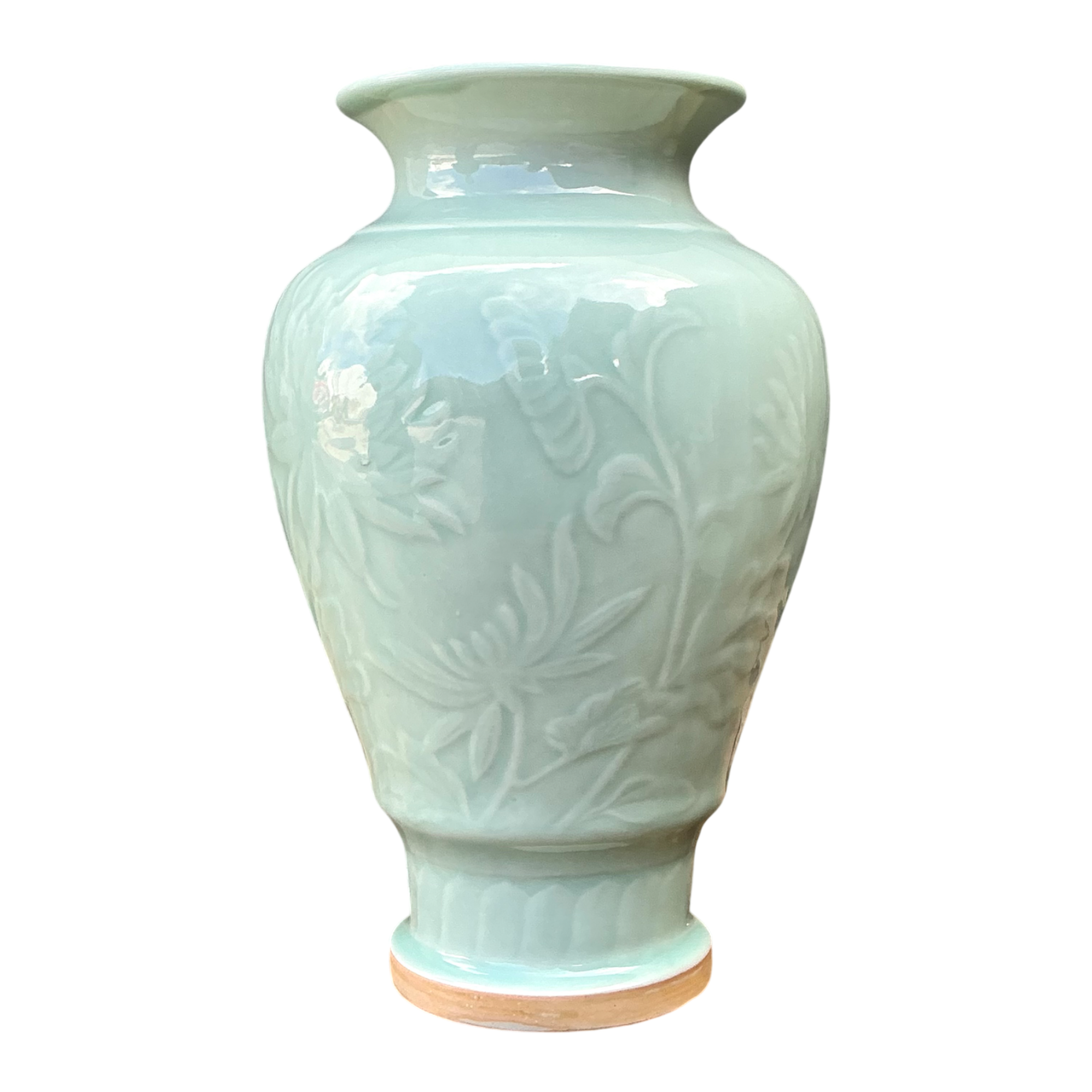 Vintage Celadon Floral Relief Ceramic Vase — additional photo 1