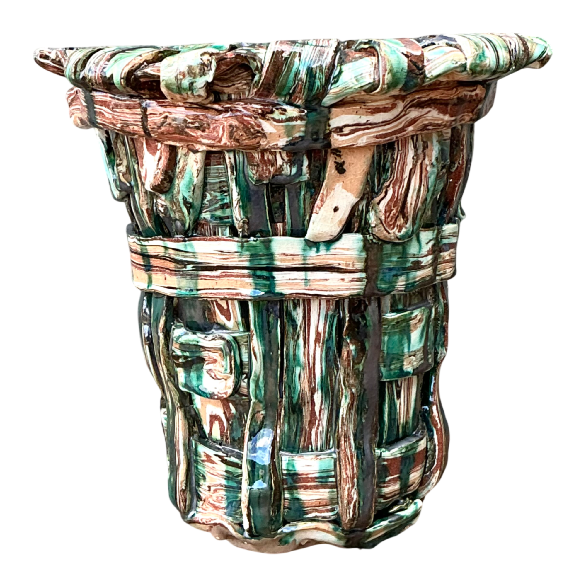 Vintage Hand Made Multicolor Ceramic Basket Weave Planter