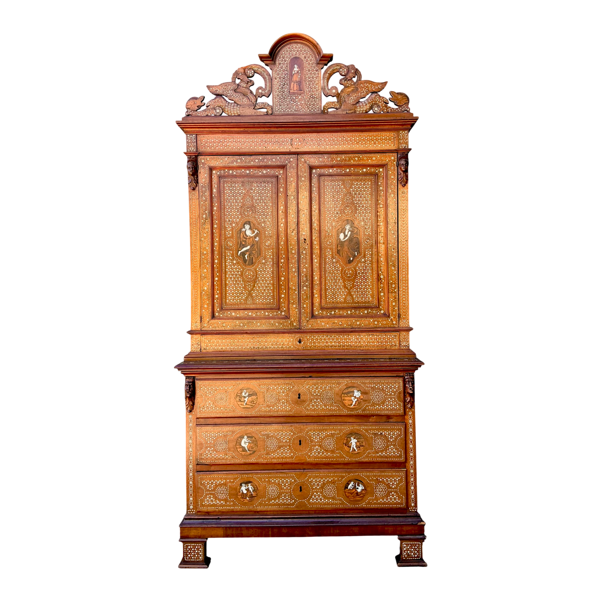 Vintage Monumental Carved Cabinet with Mother of Pearl Inlay — additional photo 1