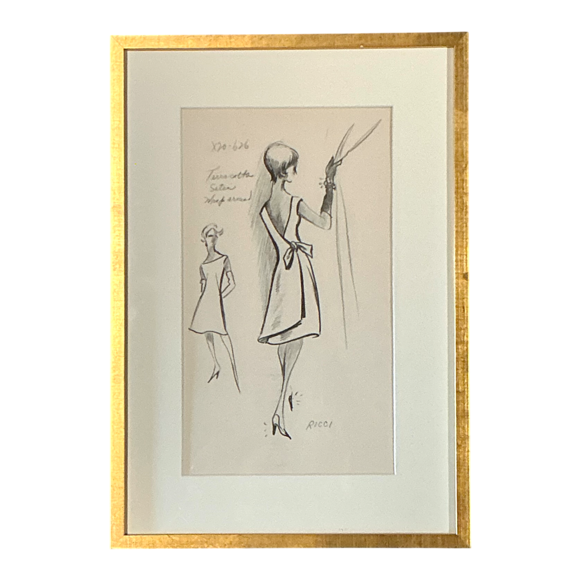 Vintage Nina Ricci Fashion Sketch in Gold Frame — additional photo 1