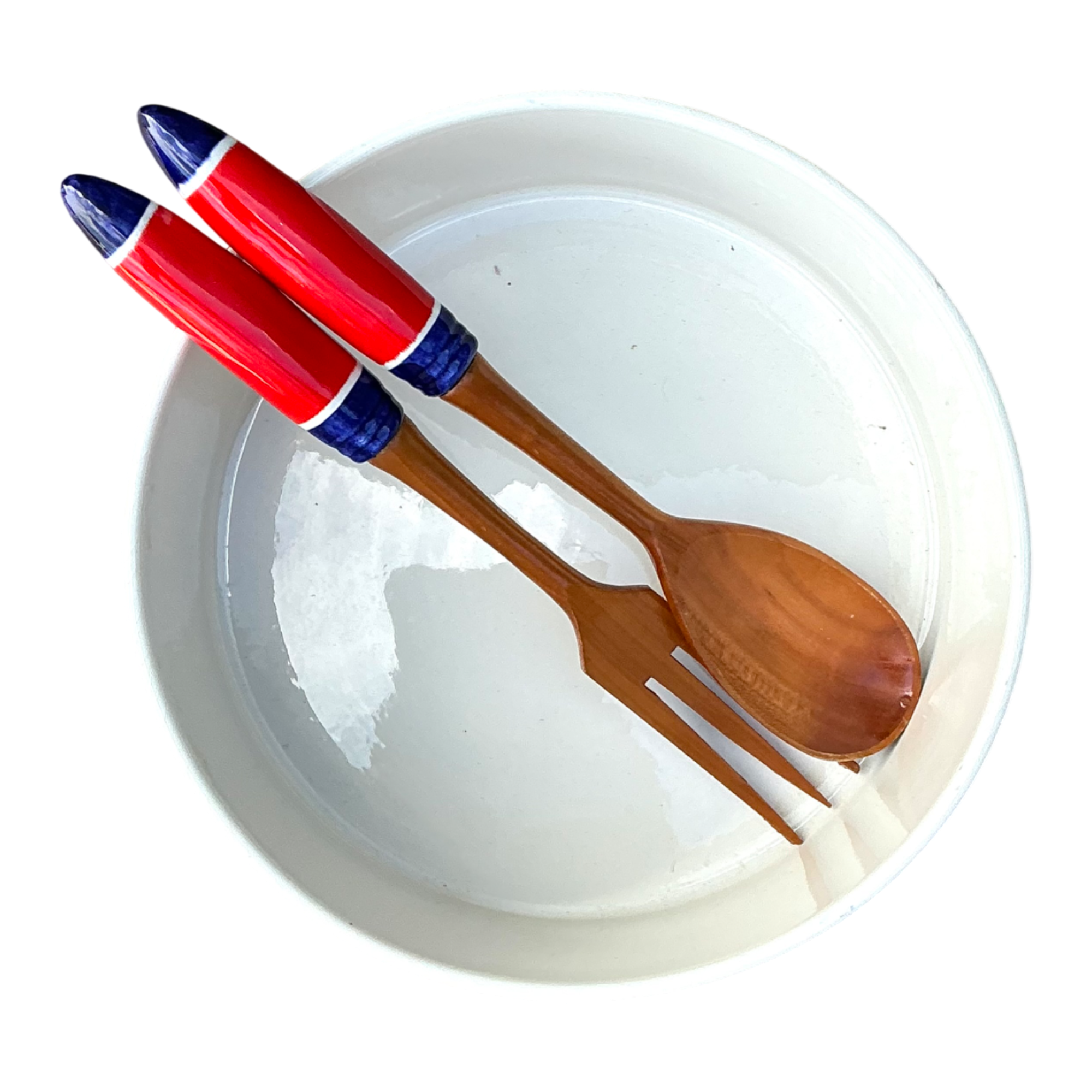 Vintage Italian Striped Ceramic Salad Bowl and Utensils — additional photo 1