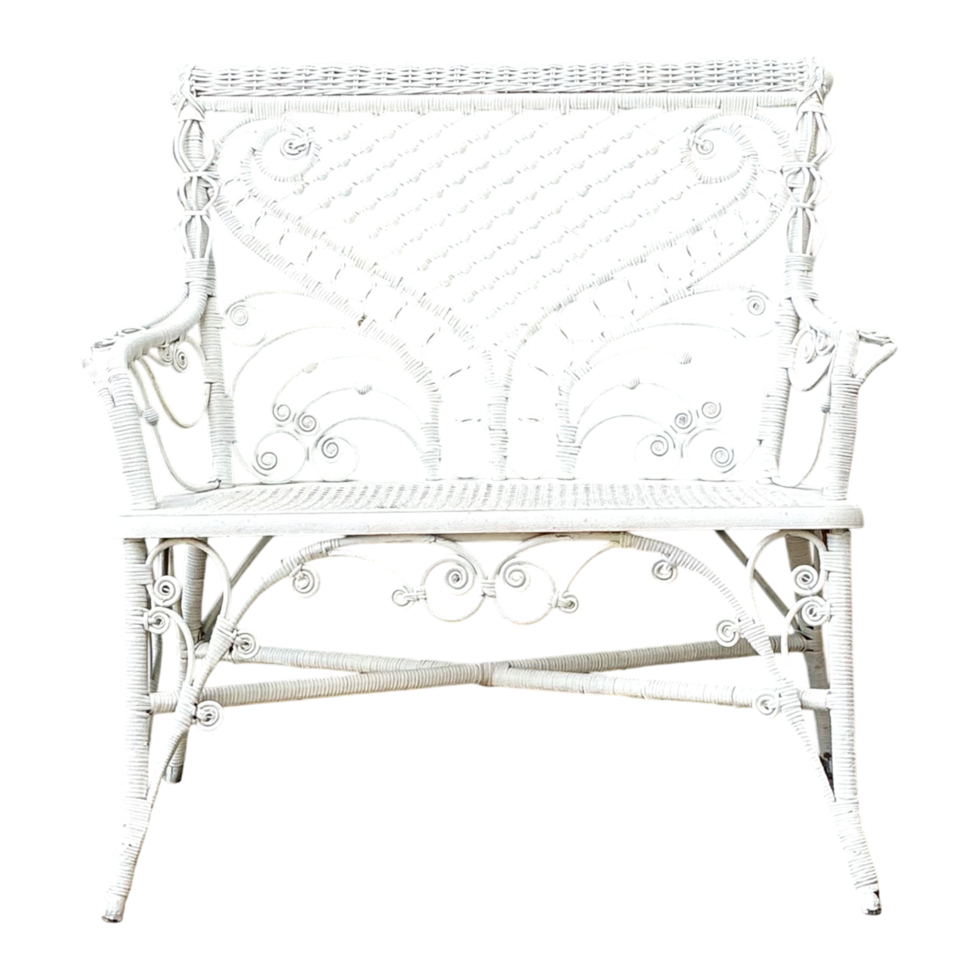 Vintage White Fiddlehead Rattan Garden Bench — additional photo 1