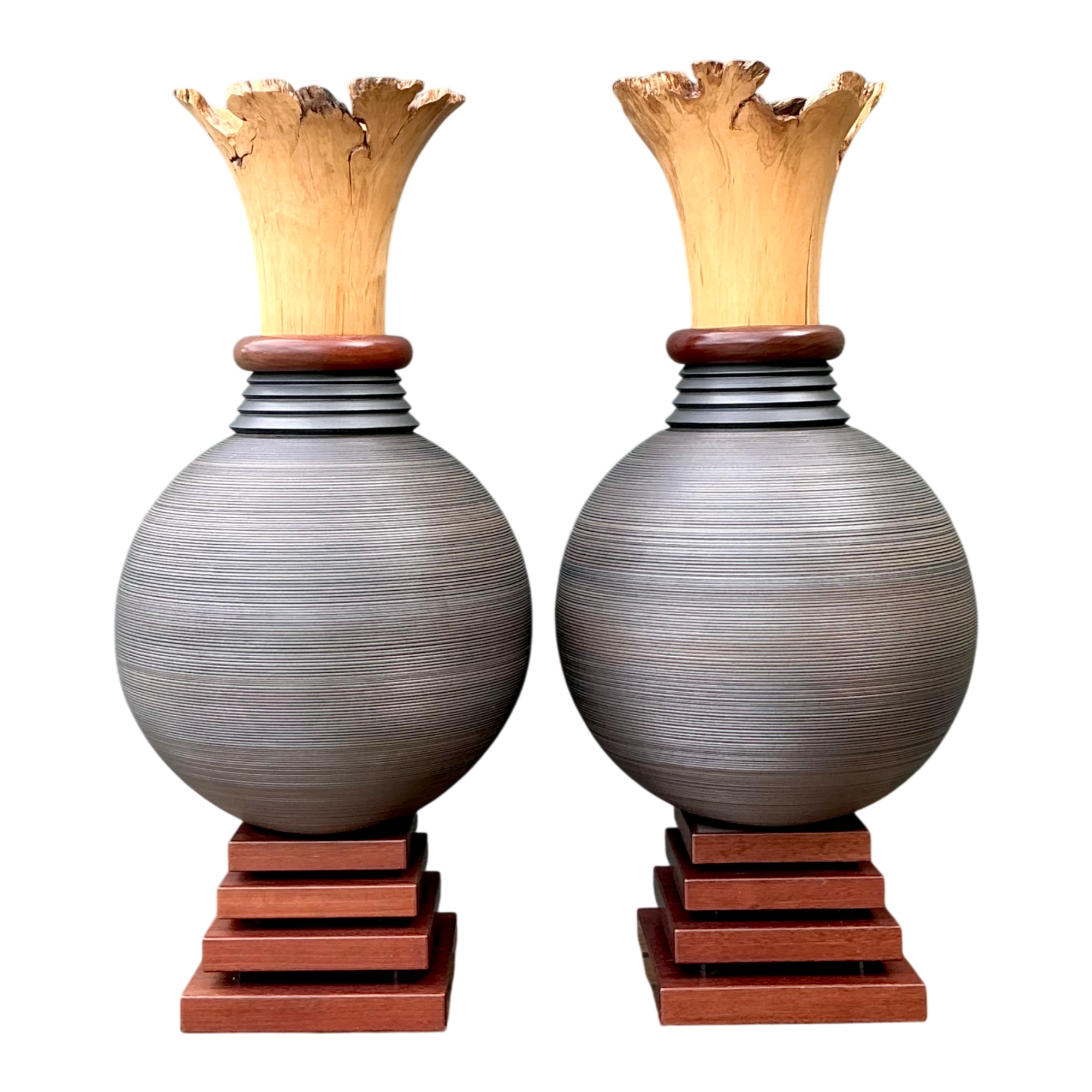 Vintage Monumental Sculptural Wood Urns - A Pair