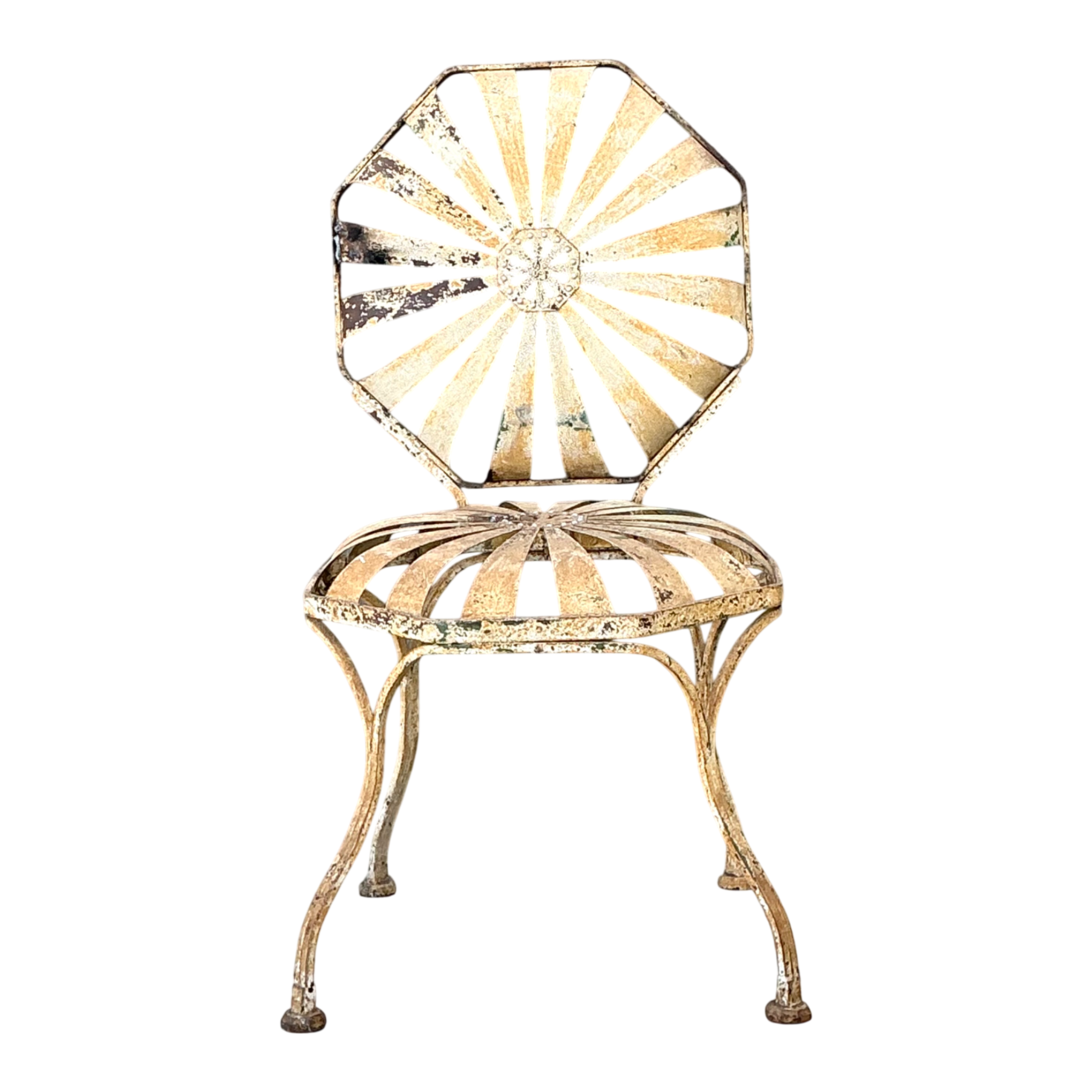 Vintage Heavily Distressed Francois Carre Sunburst Metal Chair