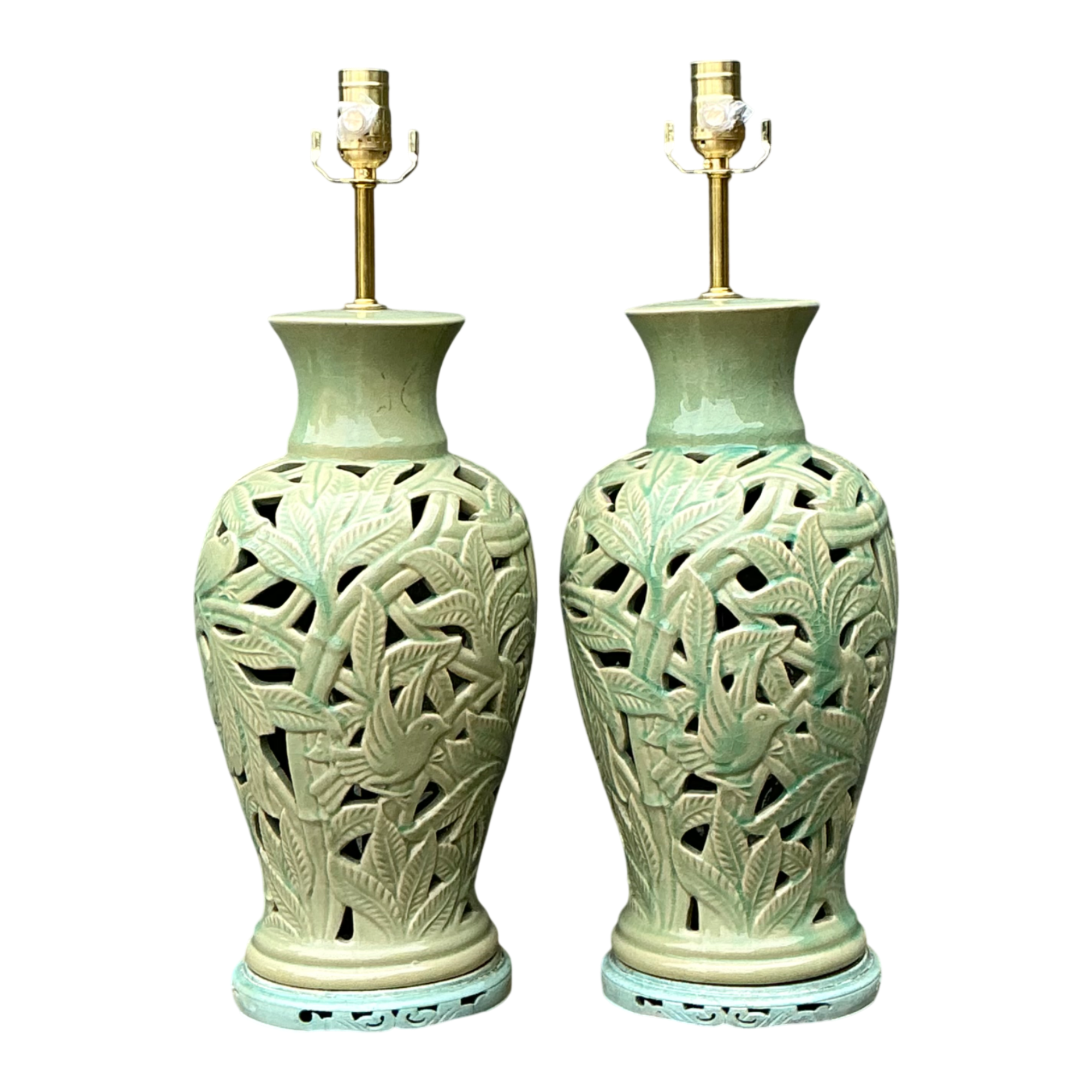 Vintage Cutout Green Ceramic Table Lamps - Pair