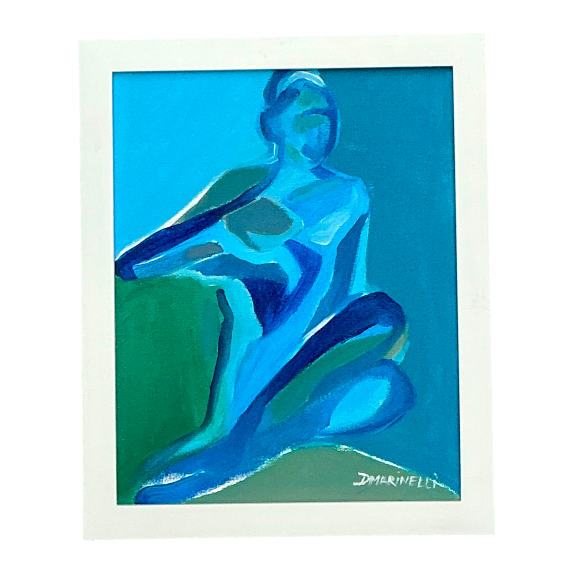 Vintage Figurative Blue Acrylic Oil In Canvas